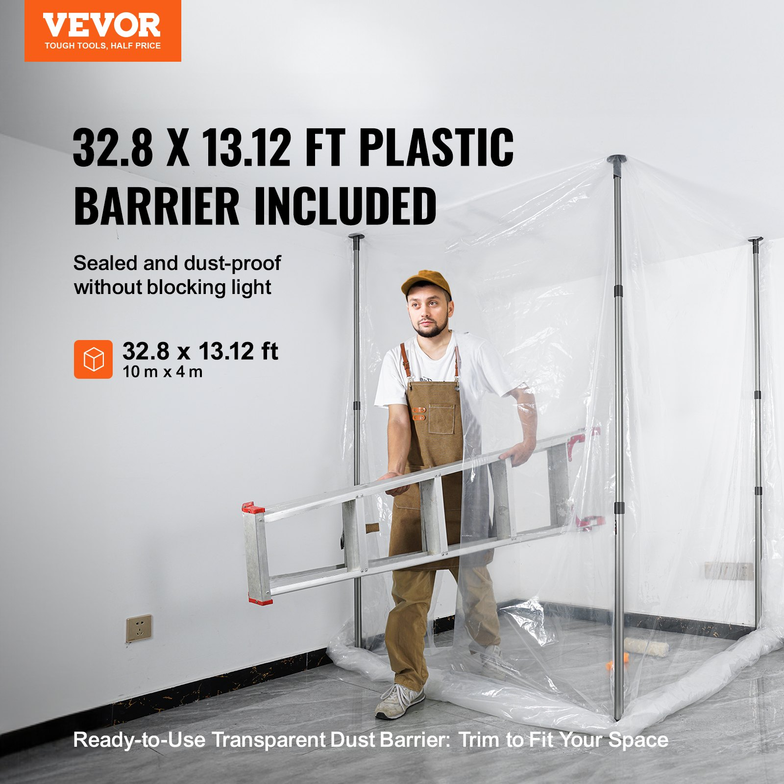 10 Ft Dust Barrier Poles w/ 4 Telescoping Poles, Carry Bag & 32.8x13.12 Ft Film