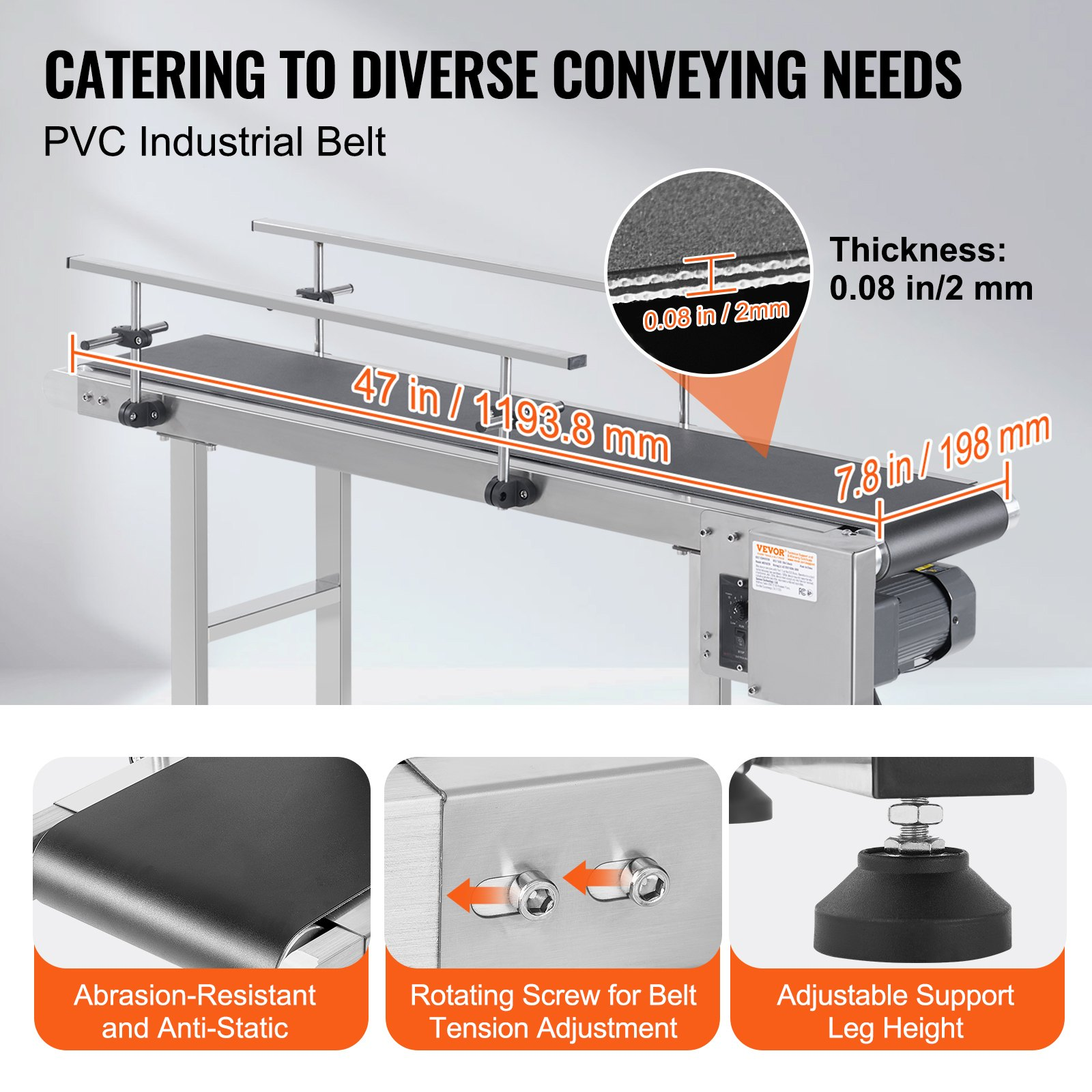 47"x7.8" Heavy Duty Belt Conveyor, Stainless Steel, PVC Belt, Adjustable Speed - Picture 2 of 10