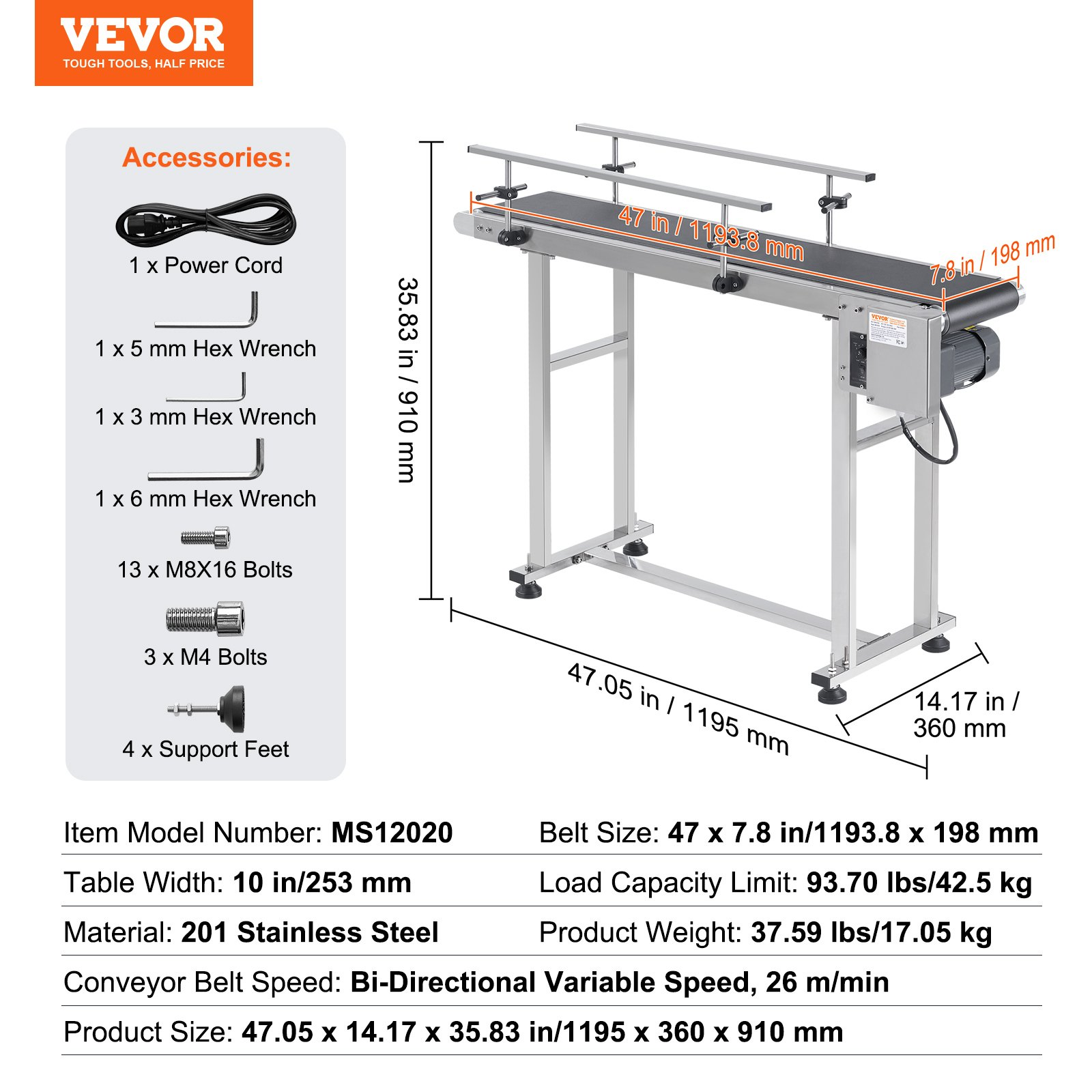 47"x7.8" Heavy Duty Belt Conveyor, Stainless Steel, PVC Belt, Adjustable Speed - Picture 6 of 10