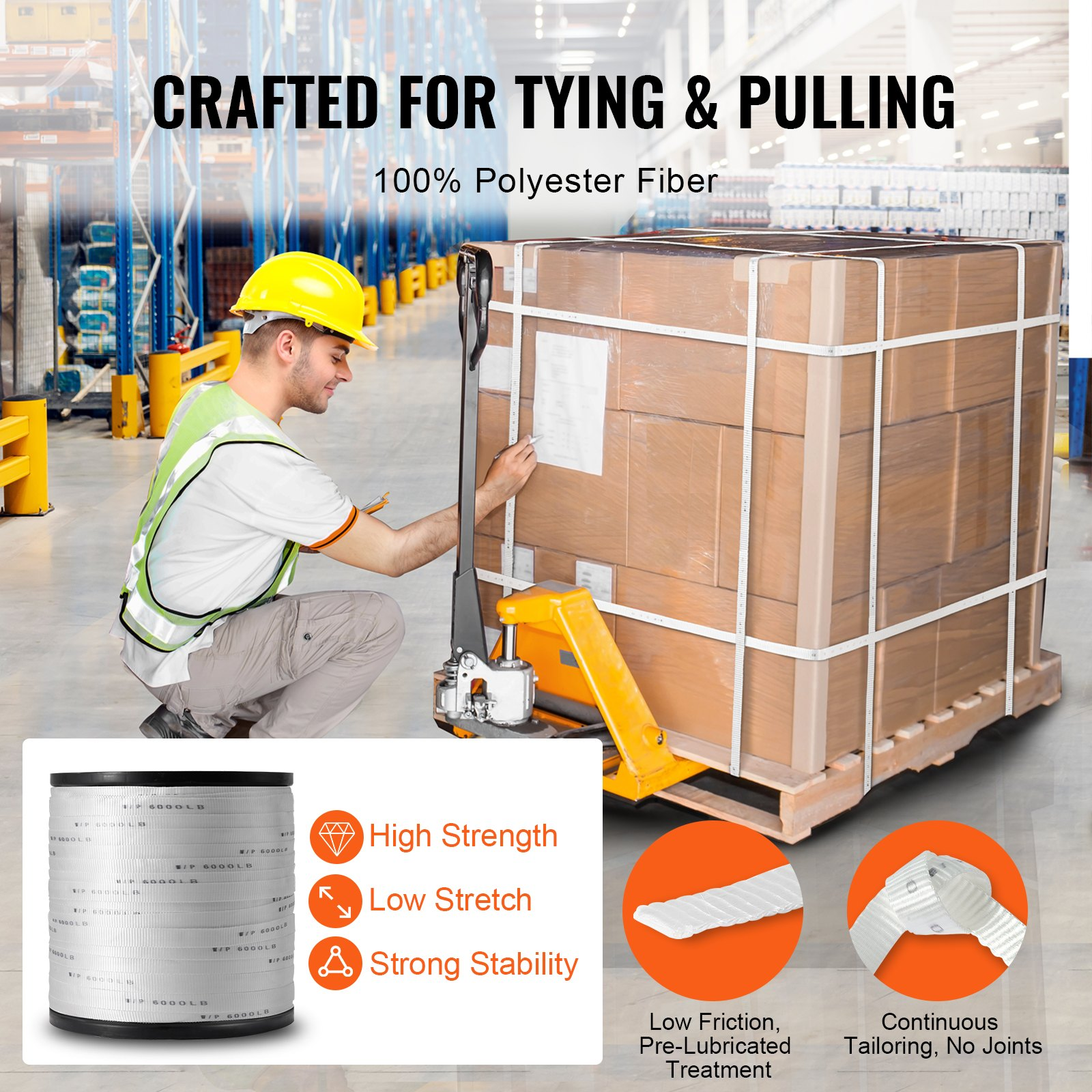 Polyester Pull Tape, 1" x 2103' Mule Tape Flat Rope, White