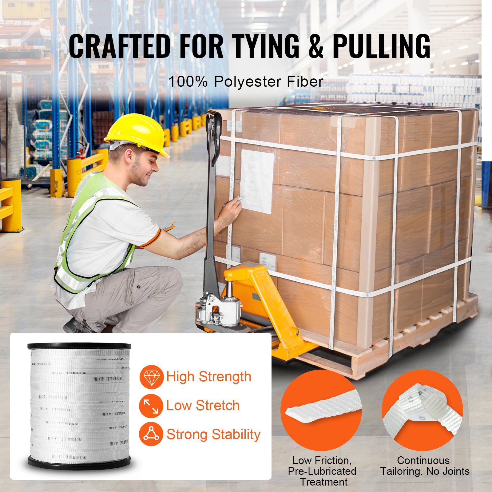 Polyester Pull Tape, 5/8" x 630' Mule Tape Flat Rope, Whit