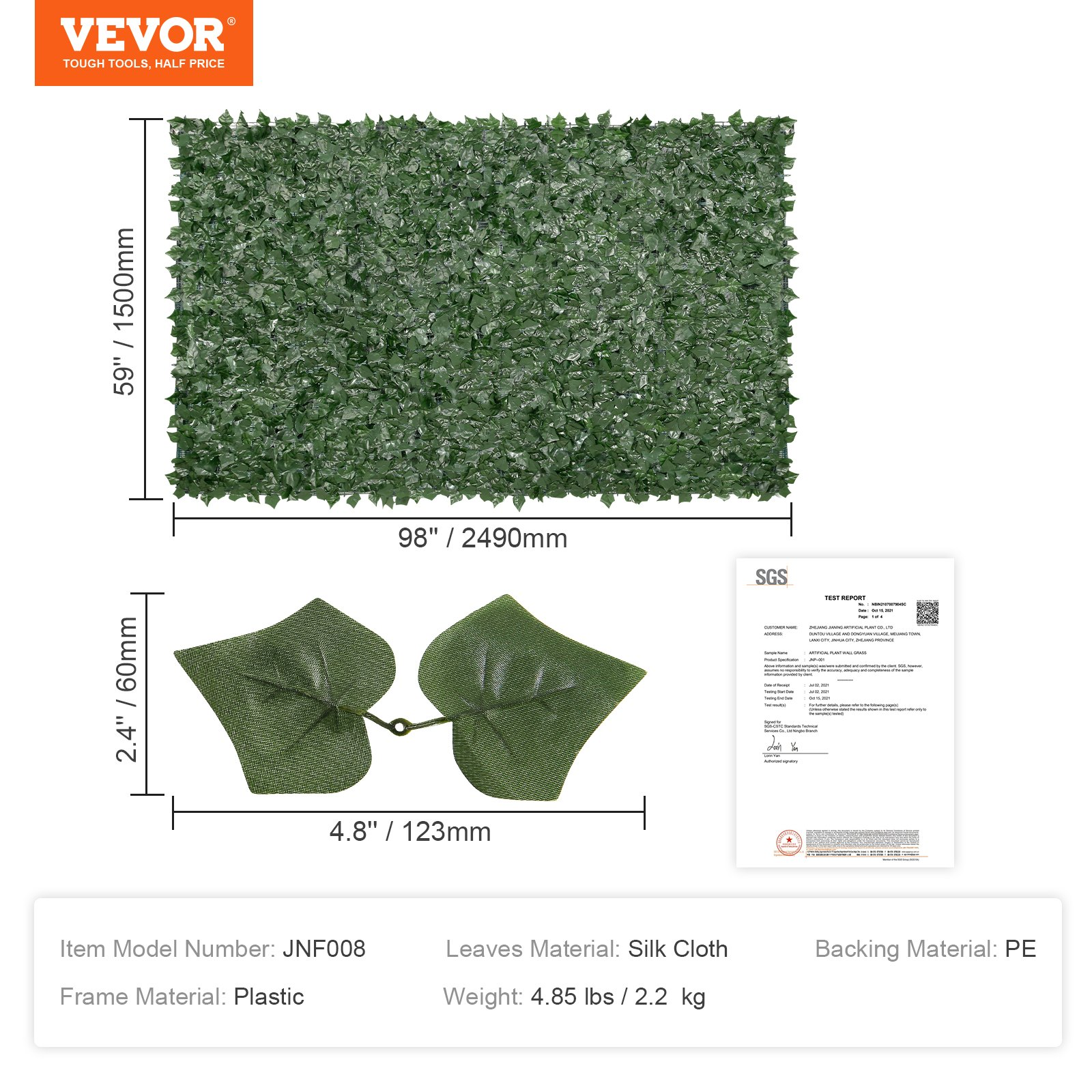 59x98 Ivy Privacy Fence, Artificial Green Wall Screen w/ Mesh Backing Faux Hedge