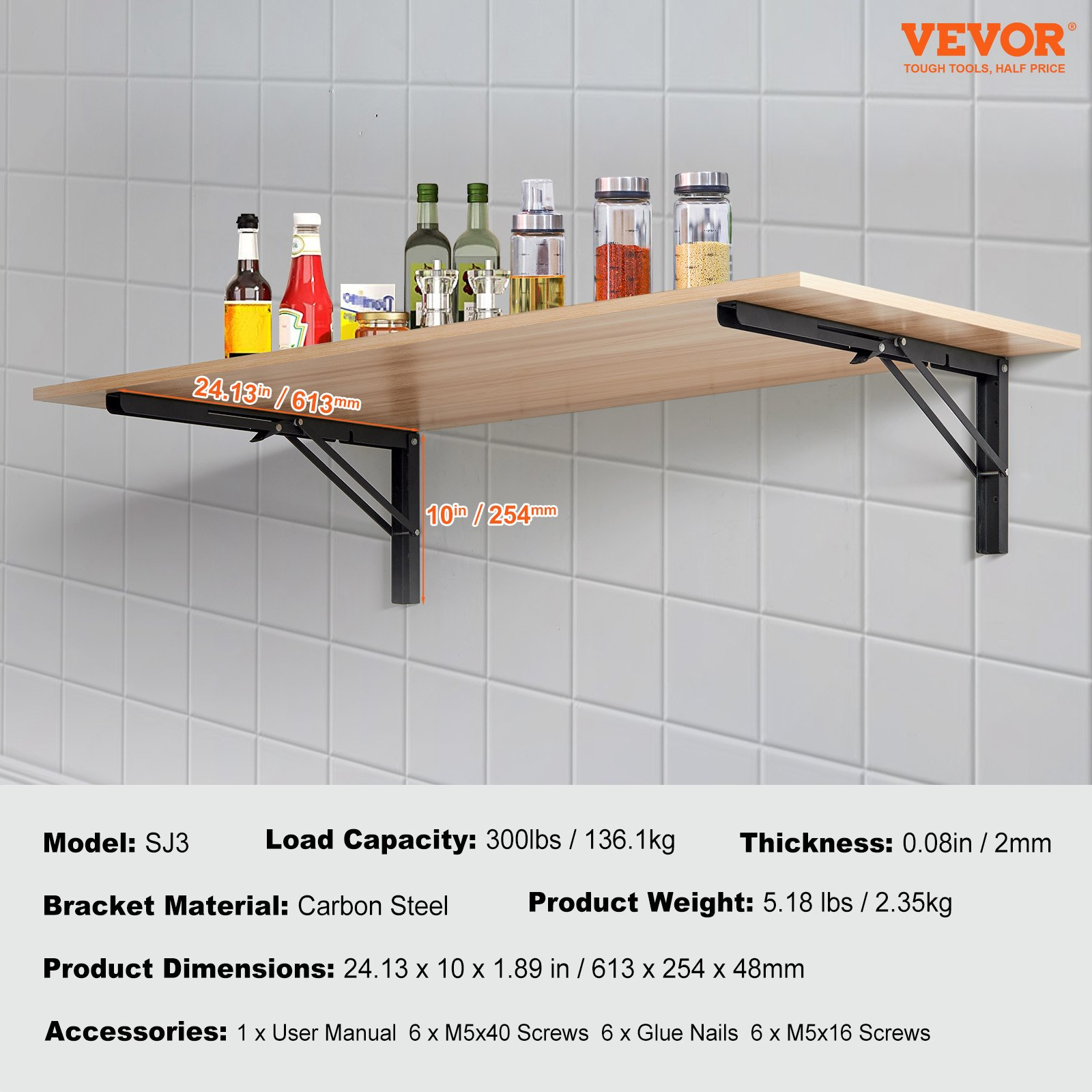 VEVOR Shelf Bracket Foldable, 24” L 2 Pcs , Heavy Duty Floating Shelf Brackets, 