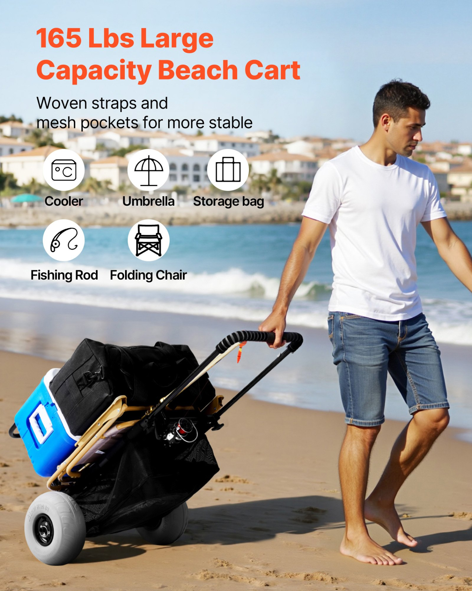 Beach Dolly Cart w/ 9″ Balloon Wheels Folding Sand Cart 165LB Capacity