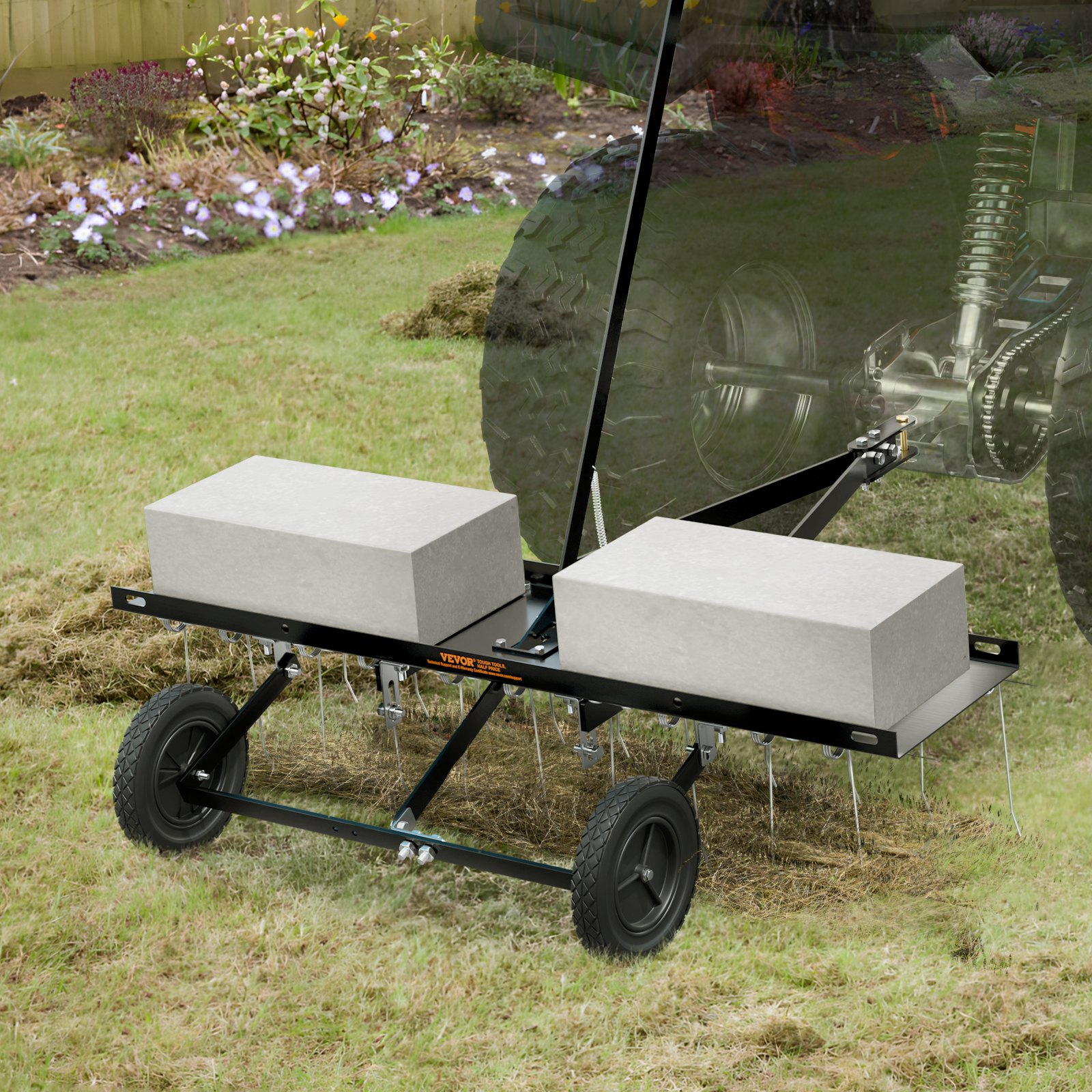 40" Tow-Behind Dethatcher, 20 Steel Tines, for ATV/Mower, Lift Handle, Lawn Rake - Picture 7 of 10
