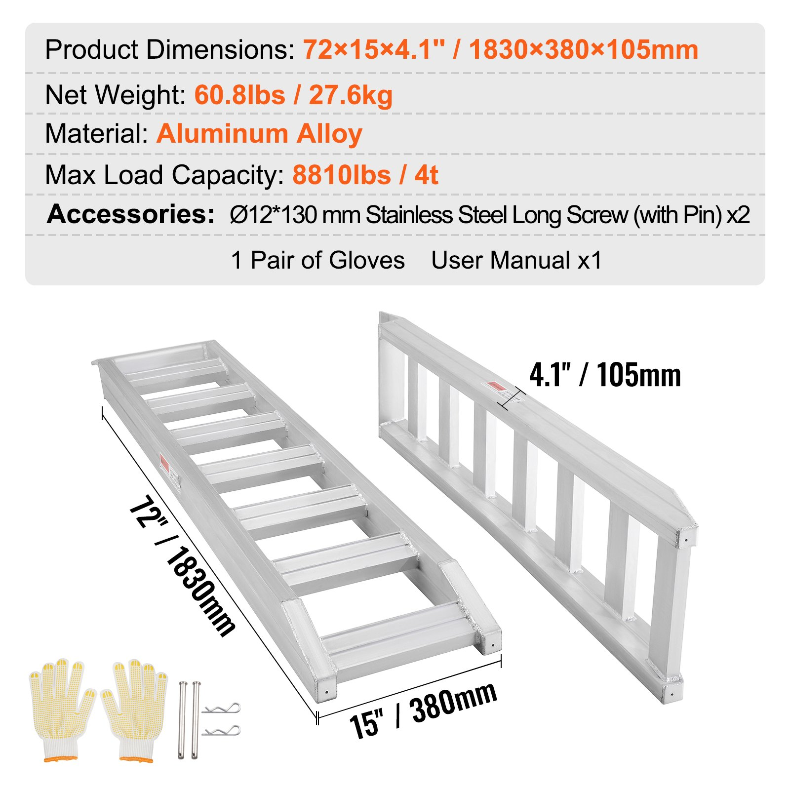 VEVOR Aluminum Ramps, 8810 lbs, Heavy-duty Ramps with Top Hook Attaching End, Un