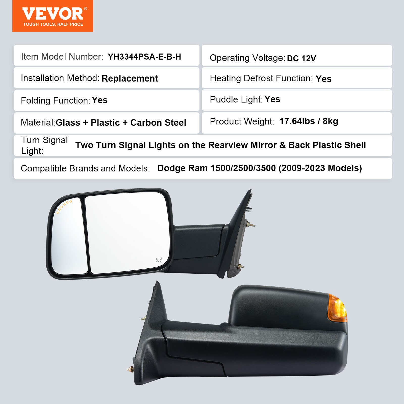 Towing Mirrors Fit for 2009-2018 Dodge Ram 1500, 2010-2018 Ram 2500 3500, Black - Picture 7 of 12