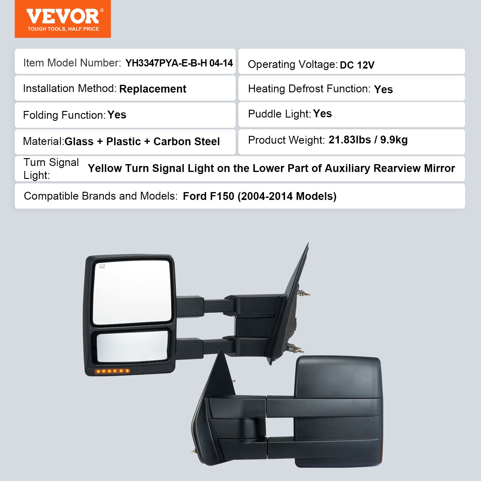 Towing Mirrors, Left & Right Pair Set for 2004-2014 Ford F150, Black - Picture 7 of 12