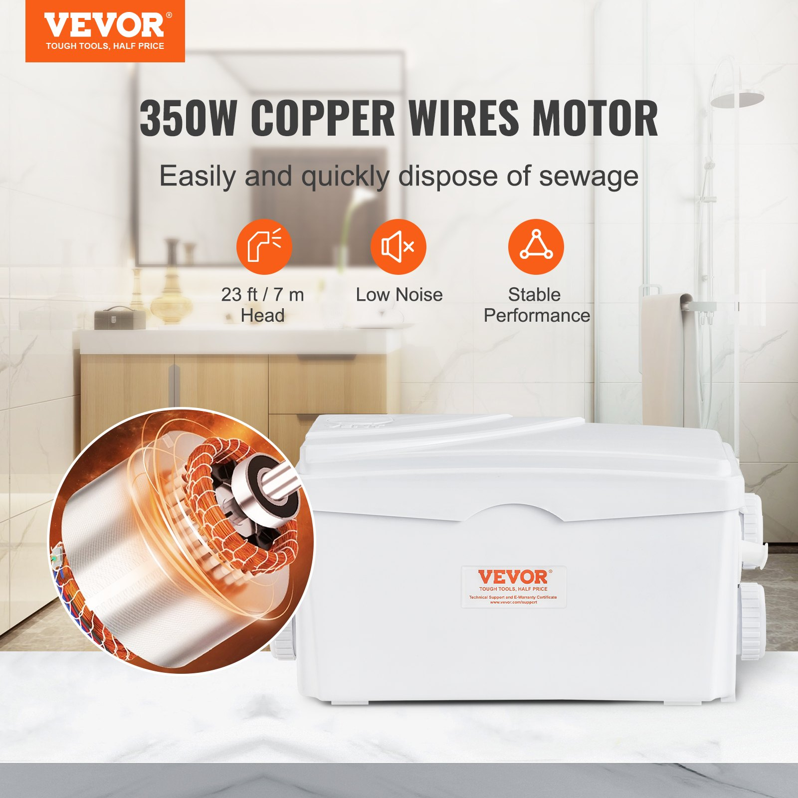 350W Macerator Pump 6000 L/h 23 ft Head, 3 Inlets for Basement & Laundry