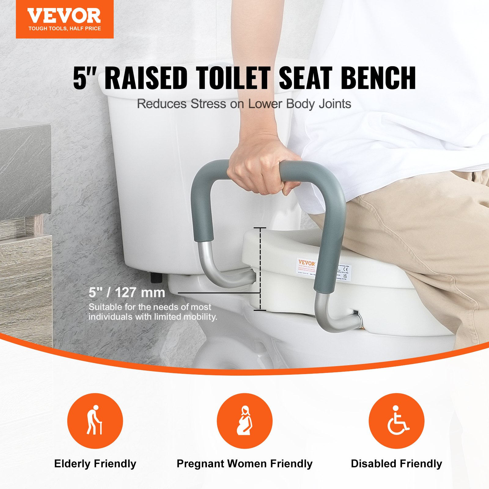 Raised Toilet Seat, 5″ Height Raised, 350 lbs Weight Capacity, M