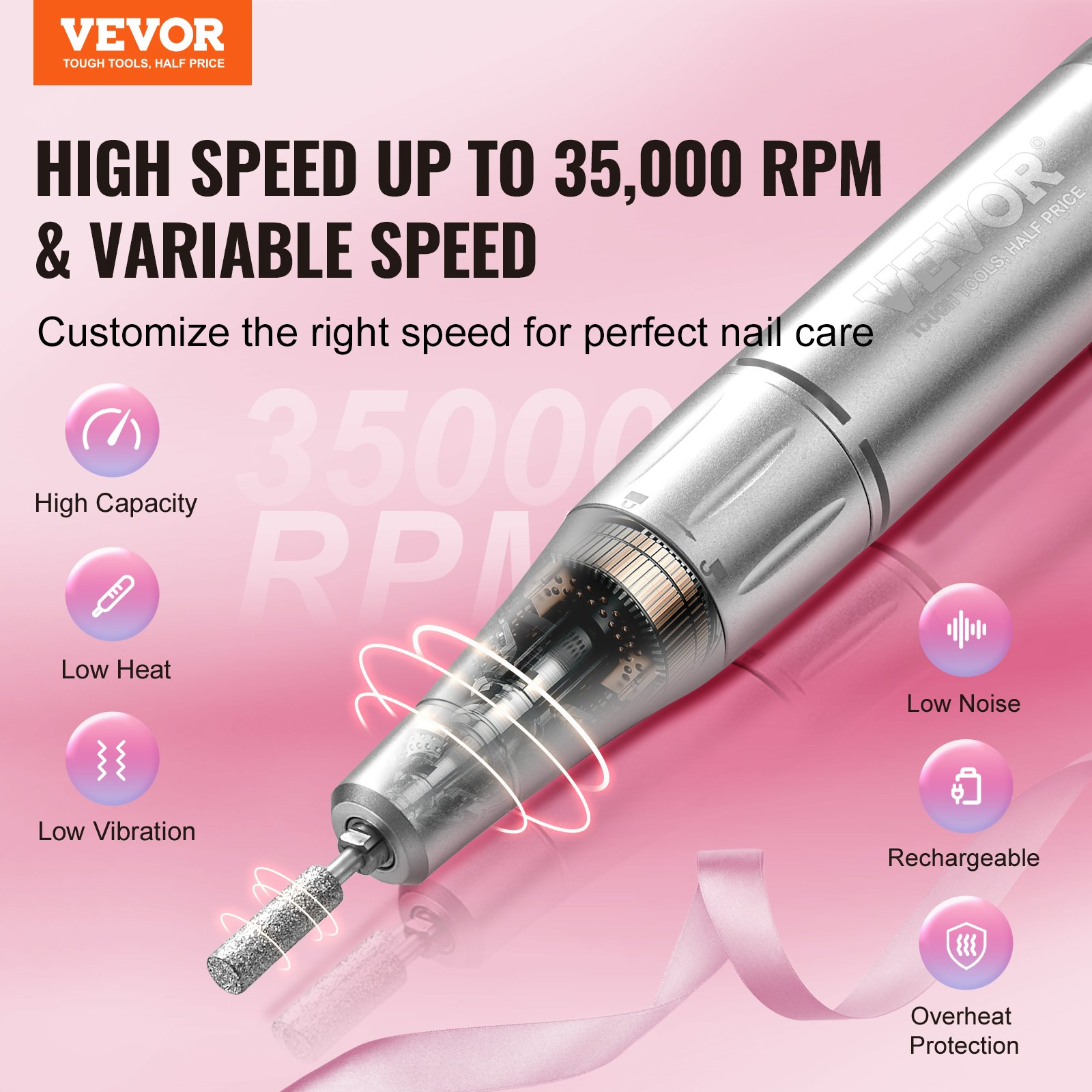 VEVOR Electric Rechargeable Nail Drill, 35,000RPM Portable Cordless Nail E File