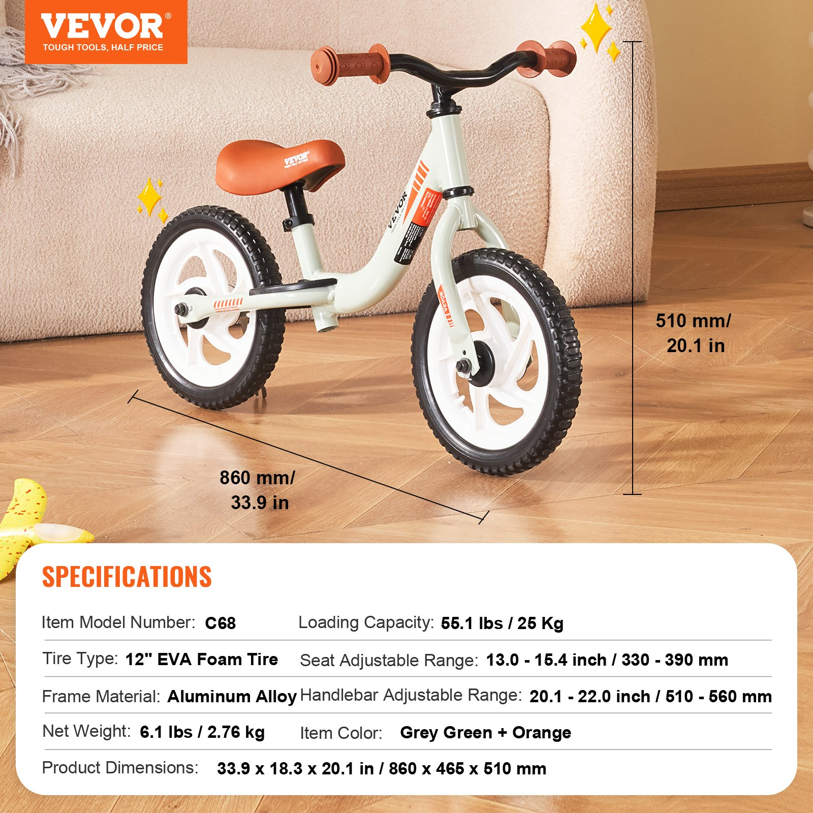 VEVOR Toddler Balance Bike, 55LBS Support