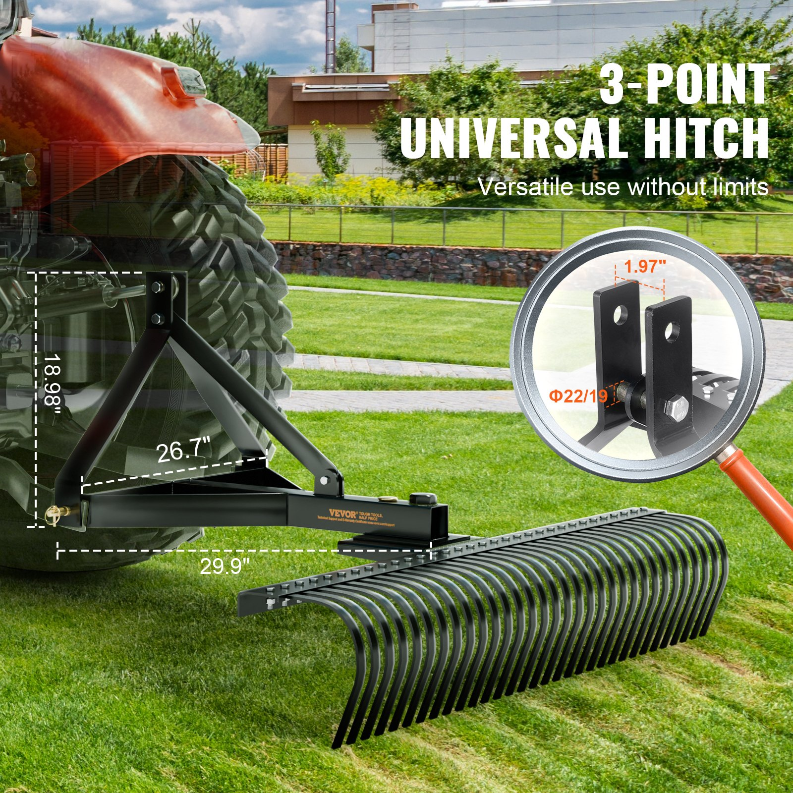 60" Pull-Behind Thatch Remover, 32 Steel Prongs, 3-Point Hitch, for Soil & Grass