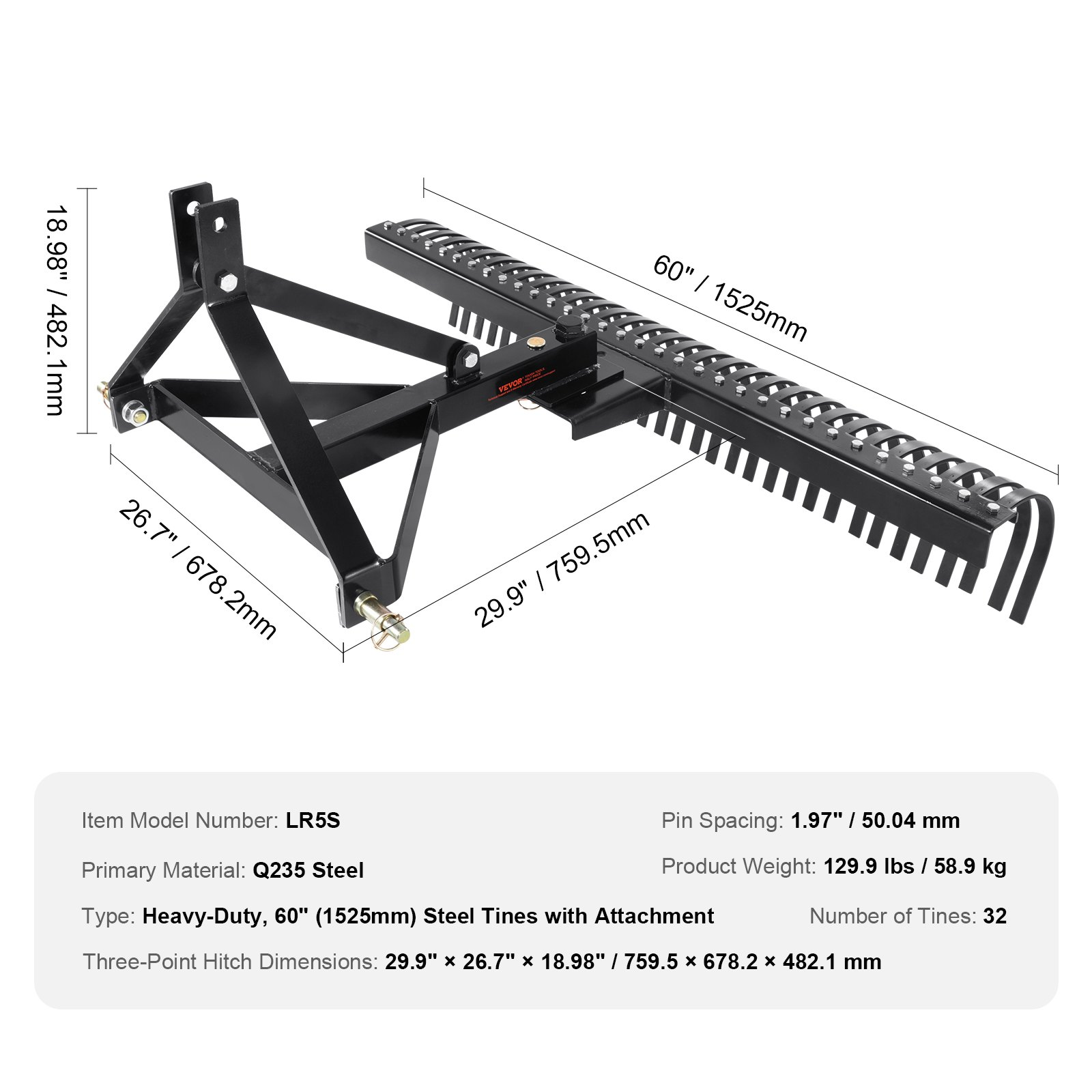 60" Pull-Behind Thatch Remover, 32 Steel Prongs, 3-Point Hitch, for Soil & Grass