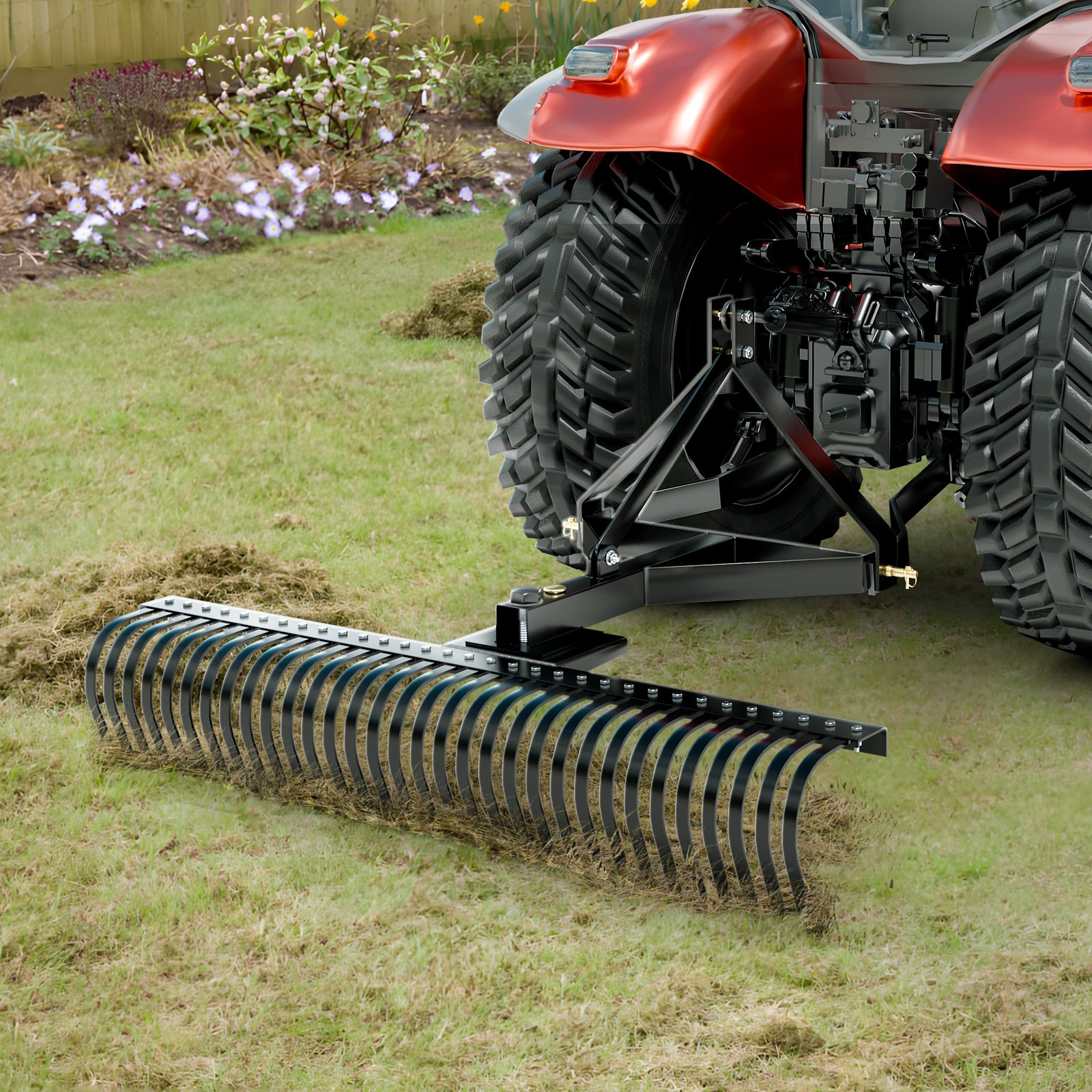 60" Pull-Behind Thatch Remover, 32 Steel Prongs, 3-Point Hitch, for Soil & Grass