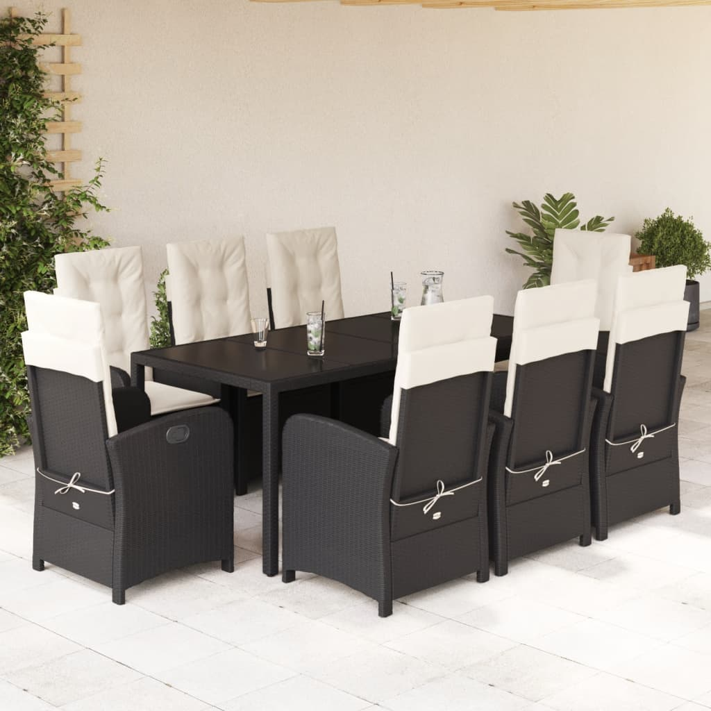 9 Piece Patio Dining Set with Cushions Black Poly Rattan Outdoor