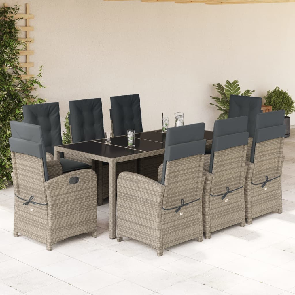 9 Piece Patio Dining Set with Cushions Gray Poly Rattan Outdoor