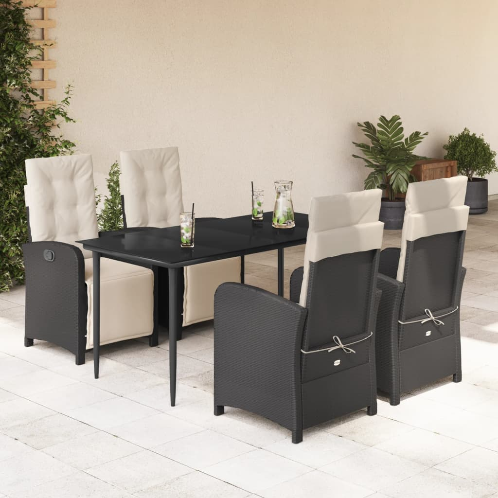 5 Piece Patio Dining Set with Cushions Black Poly Rattan Outdoor