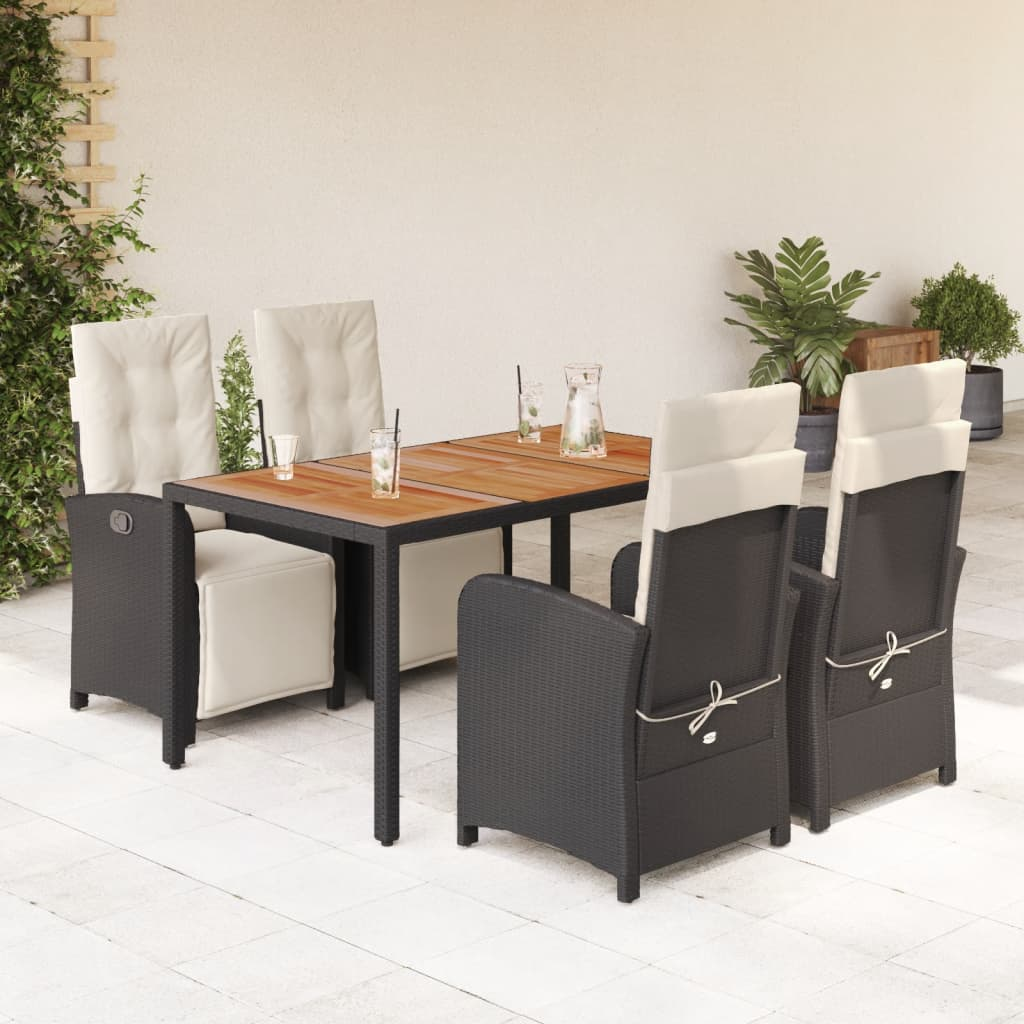 5 Piece Patio Dining Set with Cushions Black Poly Rattan Outdoor