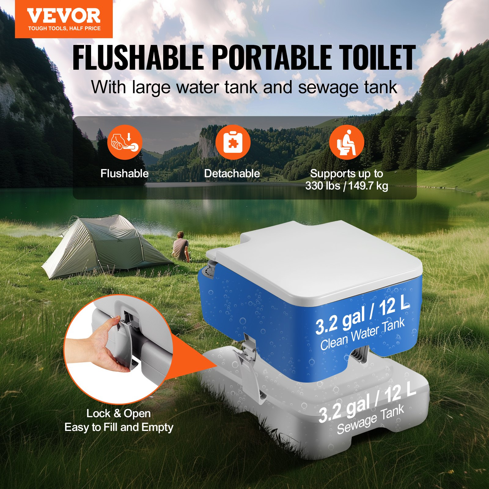Portable Camping Toilet 3.2 Gal RV Flush Travel Commode