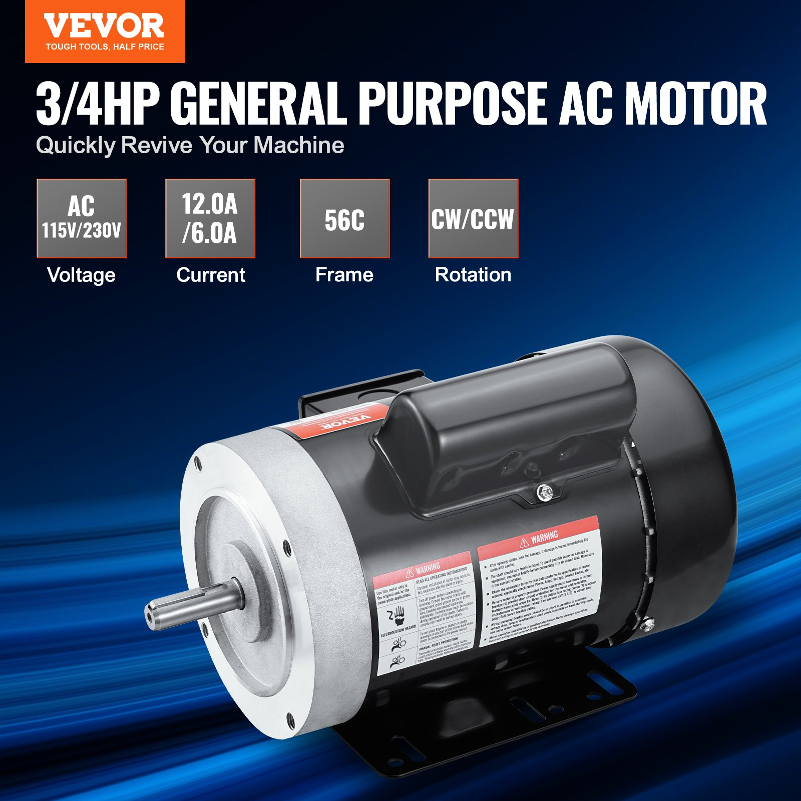 0.75HP 1725RPM Electric Motor 115/230V 5/8″ Shaft CW/CCW Air Compressor