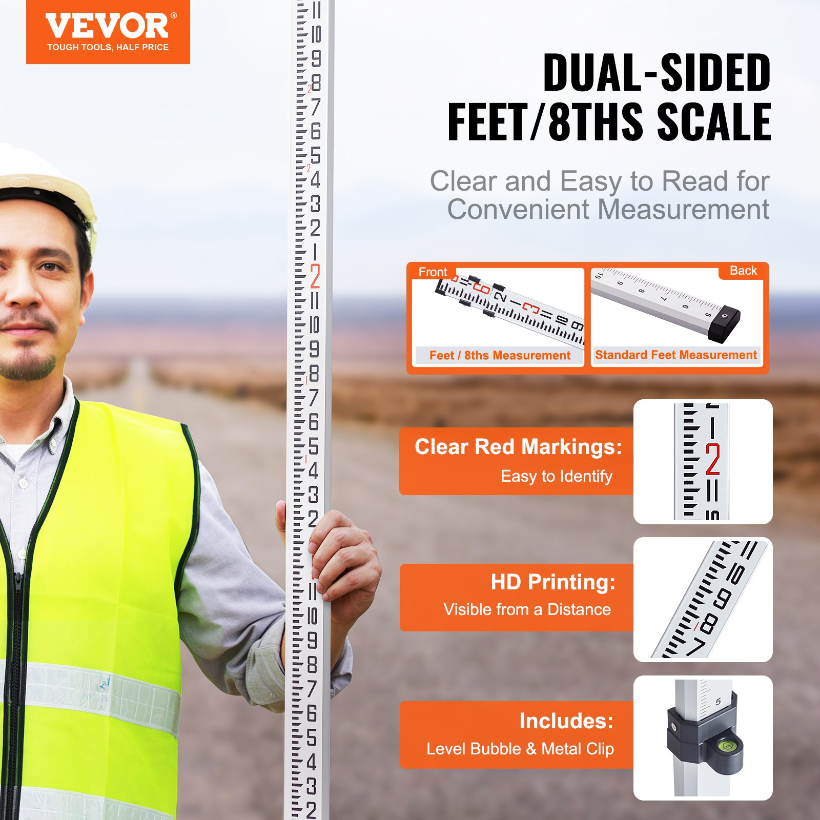9ft Aluminum Survey Rod, 3-Section Telescopic Leveling Rod w/ Bubble Level & Bag