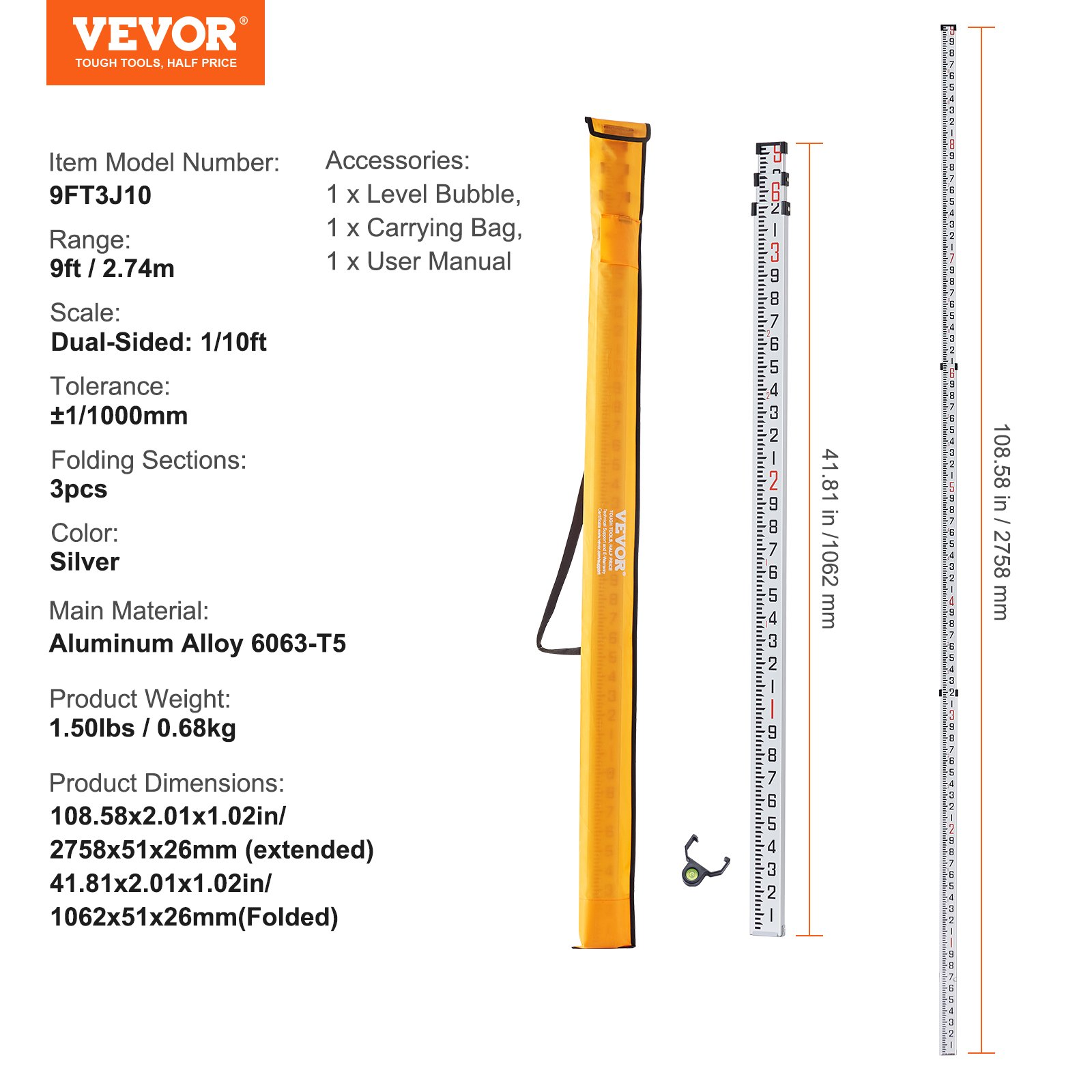 9Ft Aluminum Telescopic Measuring Rod 3-Section Level Survey Stick w/Bag