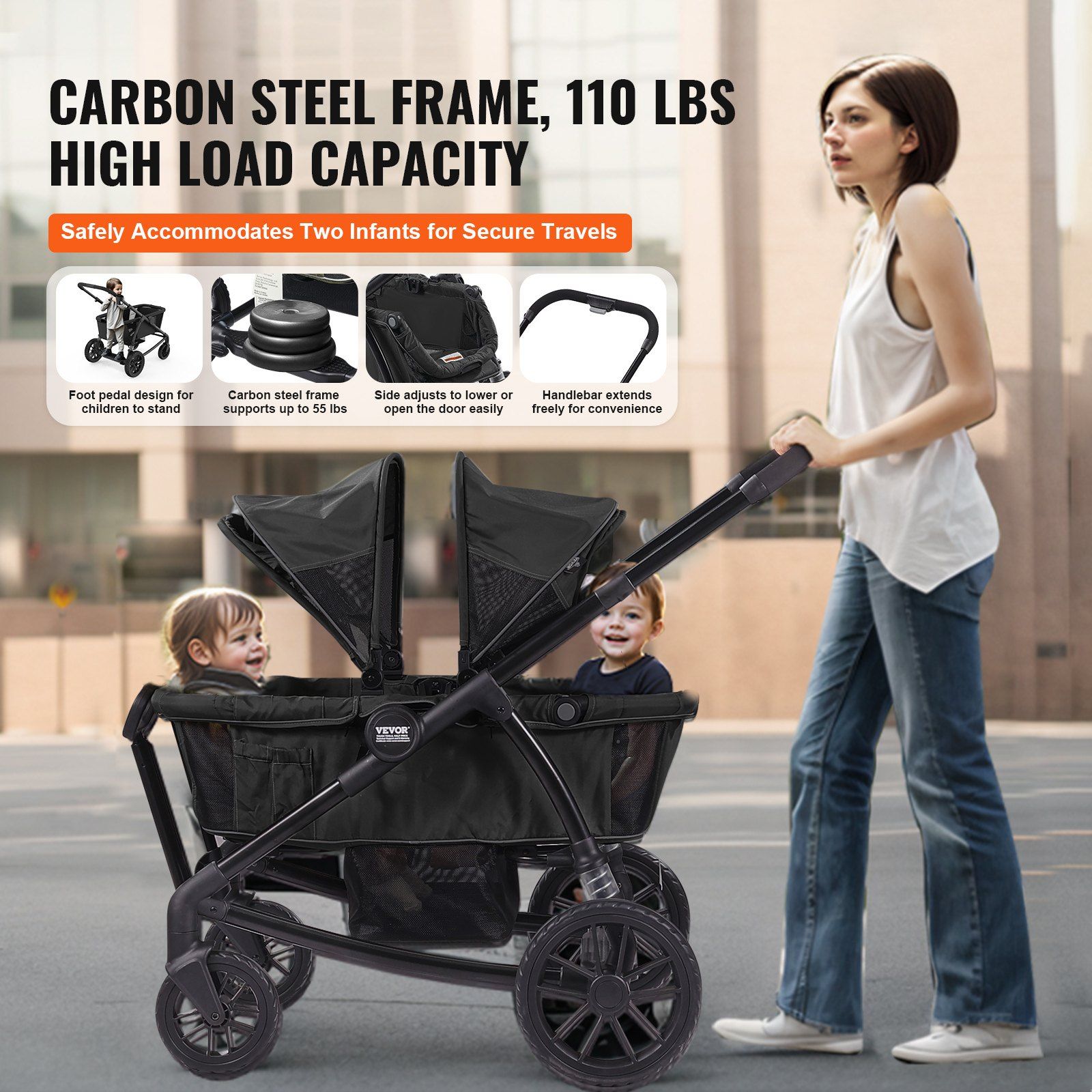 VEVOR All-Terrain Stroller Wagon, 2 Seats Foldable Expedition 2-in-1 Collapsible