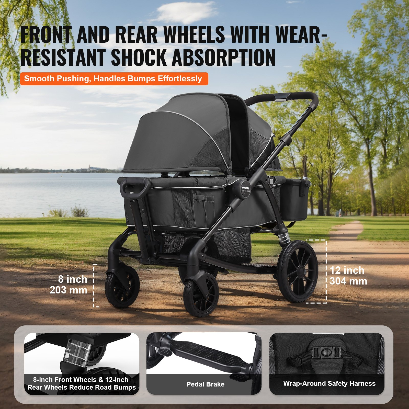 VEVOR All-Terrain Stroller Wagon, 2 Seats Foldable Expedition 2-in-1 Collapsible