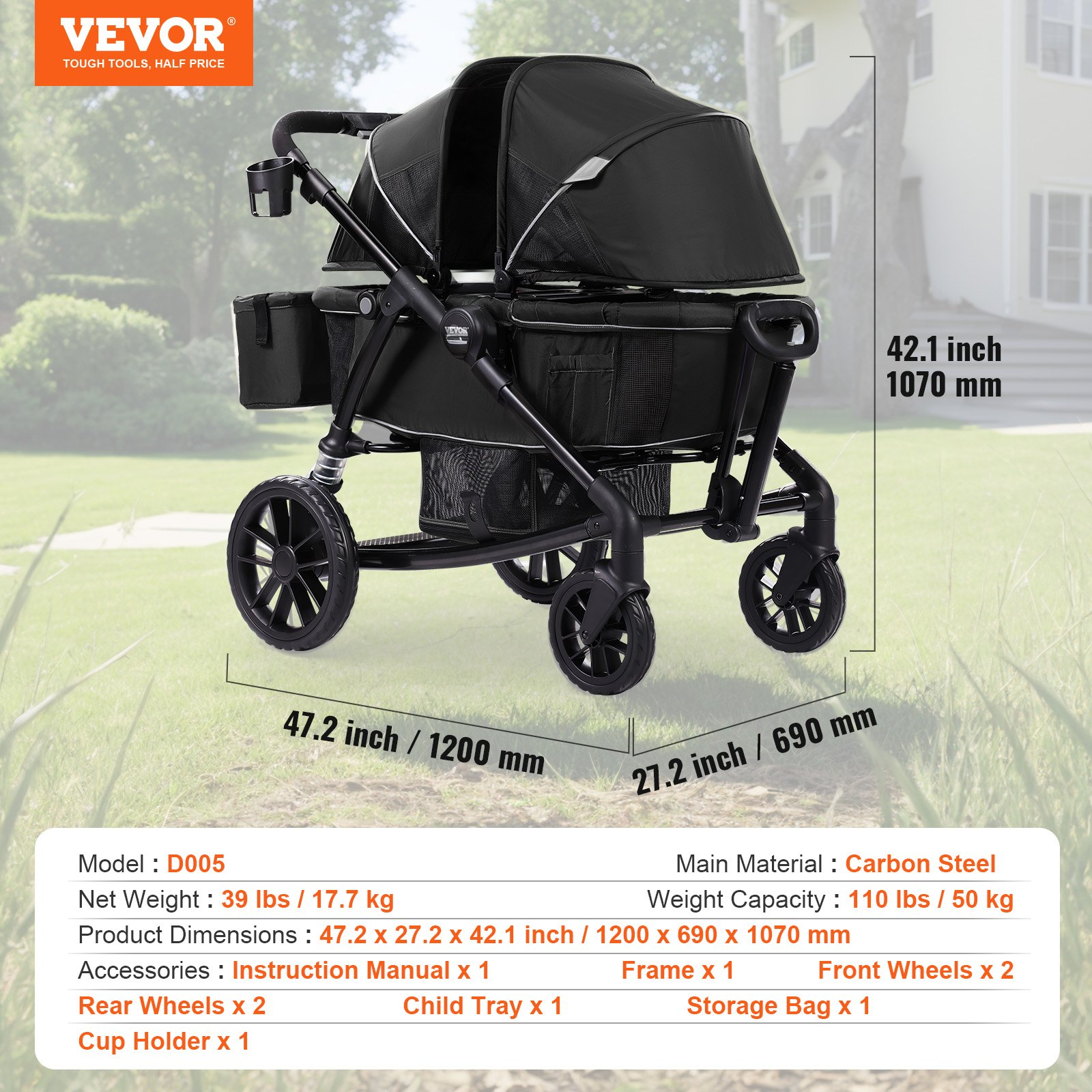 VEVOR All-Terrain Stroller Wagon, 2 Seats Foldable Expedition 2-in-1 Collapsible