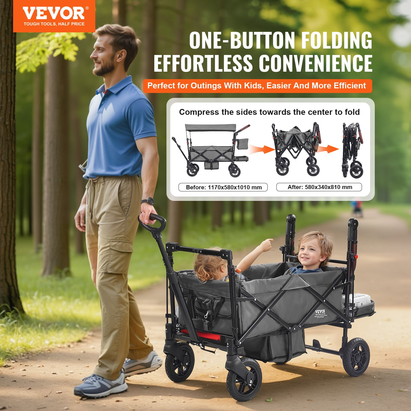 VEVOR Collapsible 2-Kid Wagon Stroller with Adjustable Push-Pull