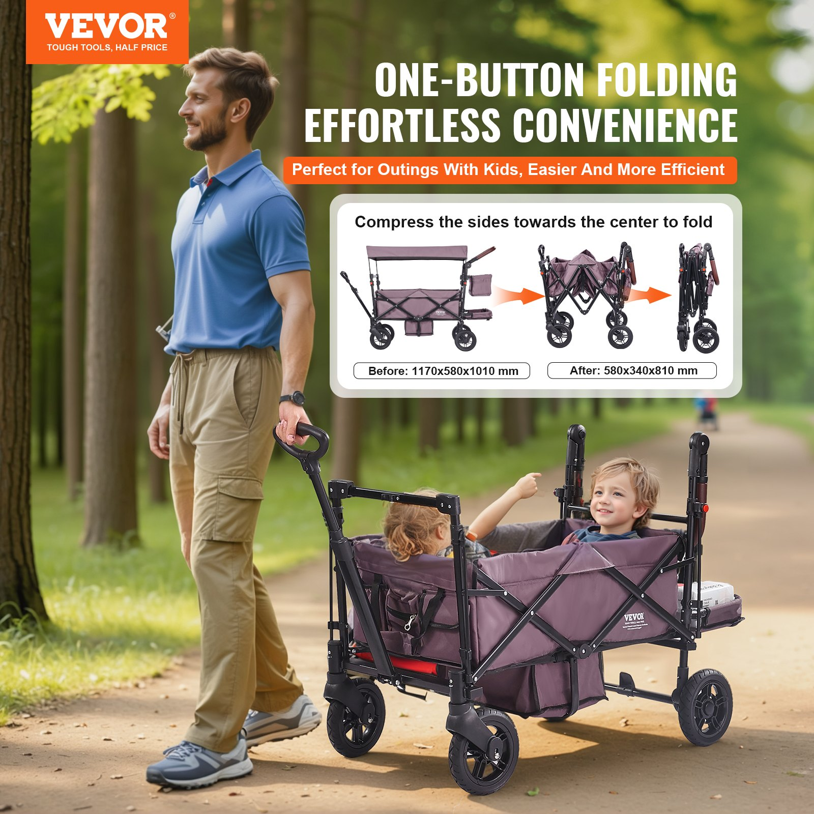 Wagon Stroller for 2 Kids, Push Pull Quad Collapsible Stroller with Adjustable H