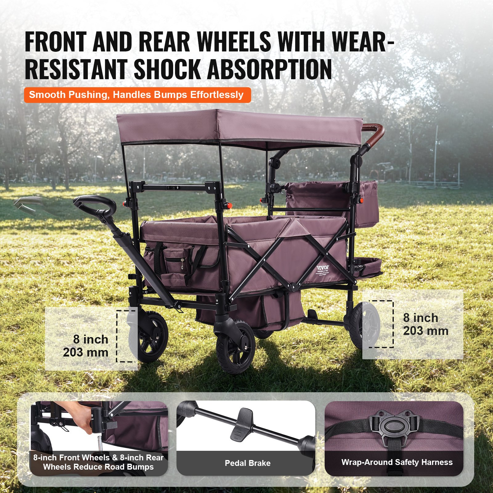 Wagon Stroller for 2 Kids, Push Pull Quad Collapsible Stroller with Adjustable H