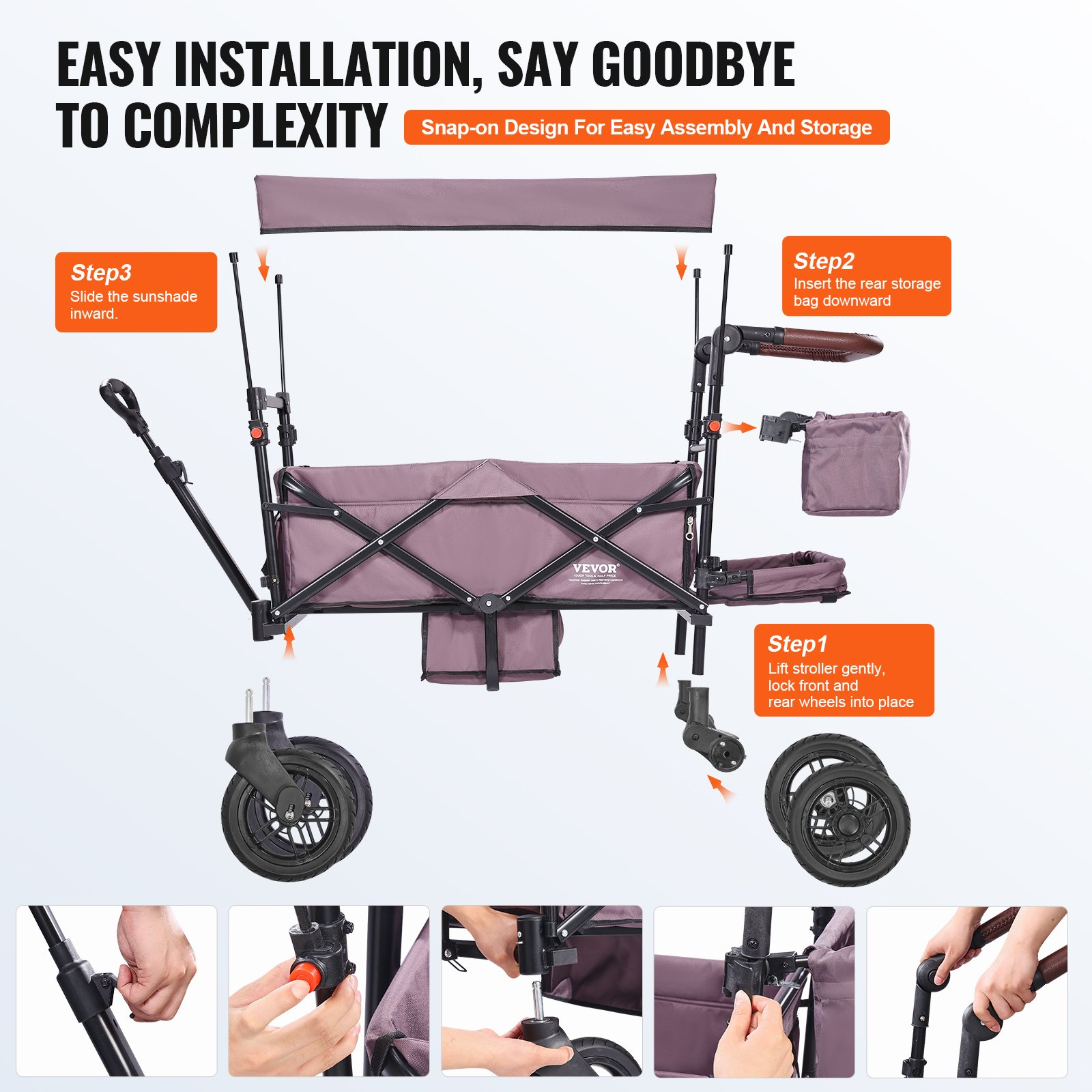 Wagon Stroller for 2 Kids, Push Pull Quad Collapsible Stroller with Adjustable H