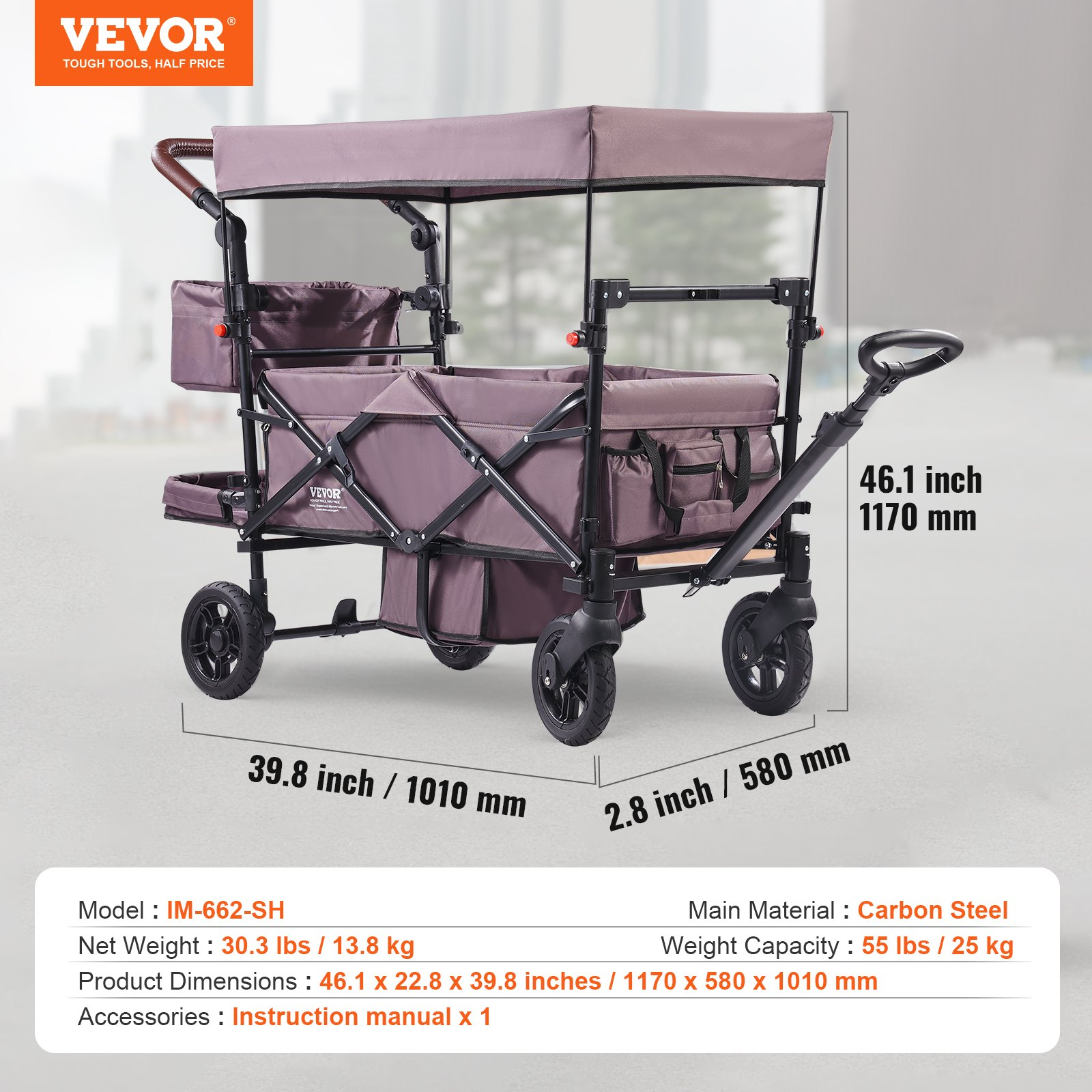 Wagon Stroller for 2 Kids, Push Pull Quad Collapsible Stroller with Adjustable H