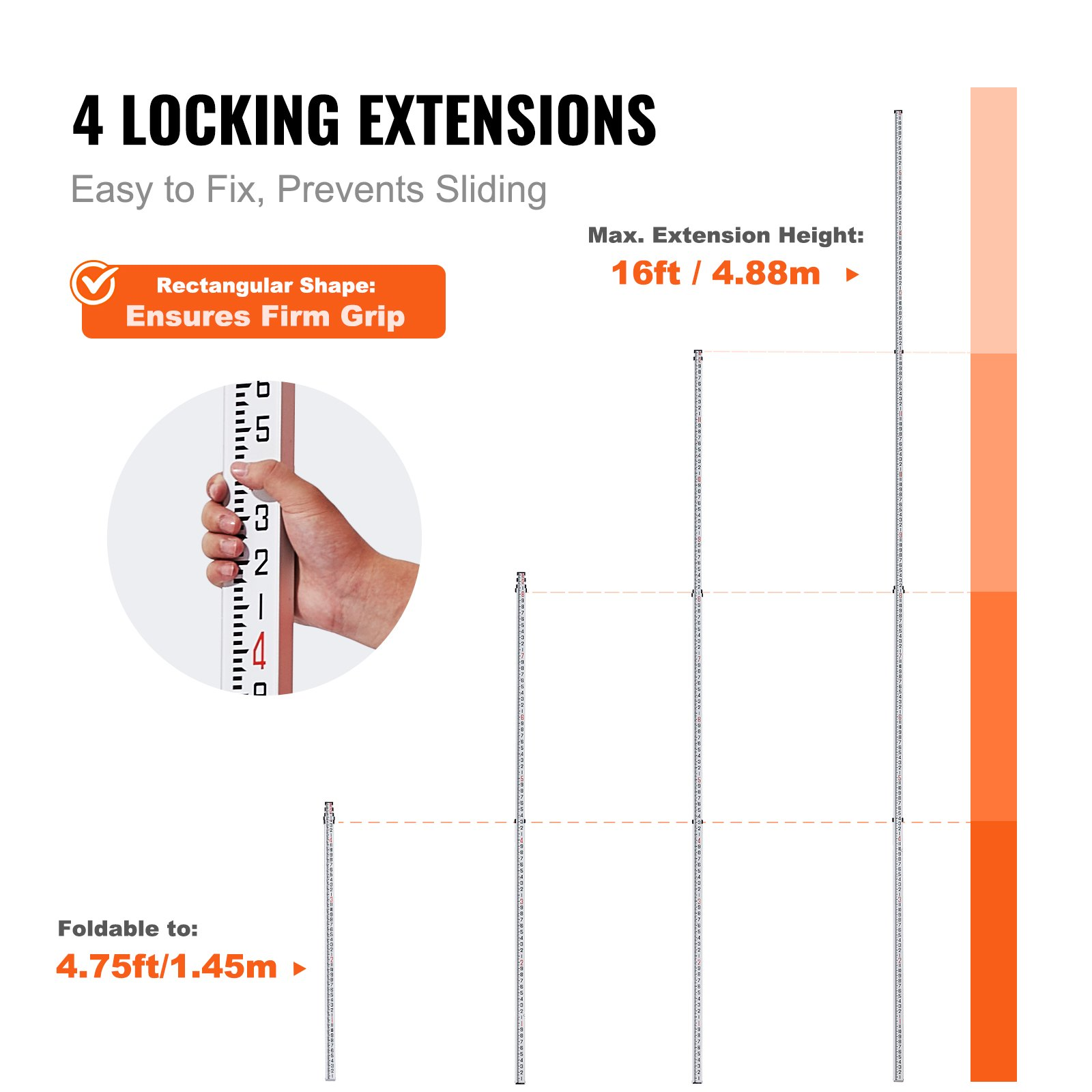 16Ft Aluminum Telescopic Measuring Rod 4-Section Level Survey Stick w/Bag - Picture 2 of 10