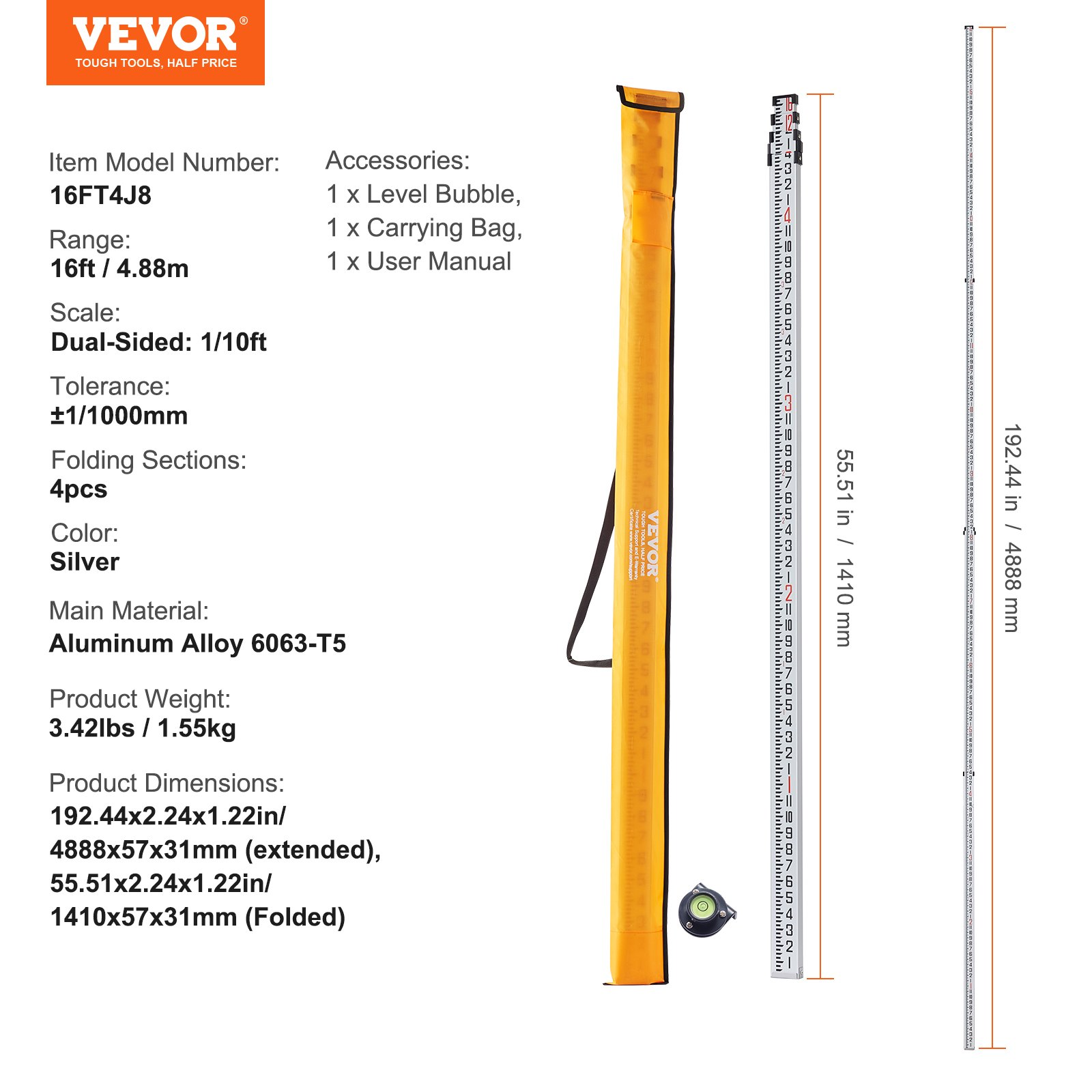 16Ft Aluminum Telescopic Measuring Rod 4-Section Level Survey Stick w/Bag - Picture 6 of 10