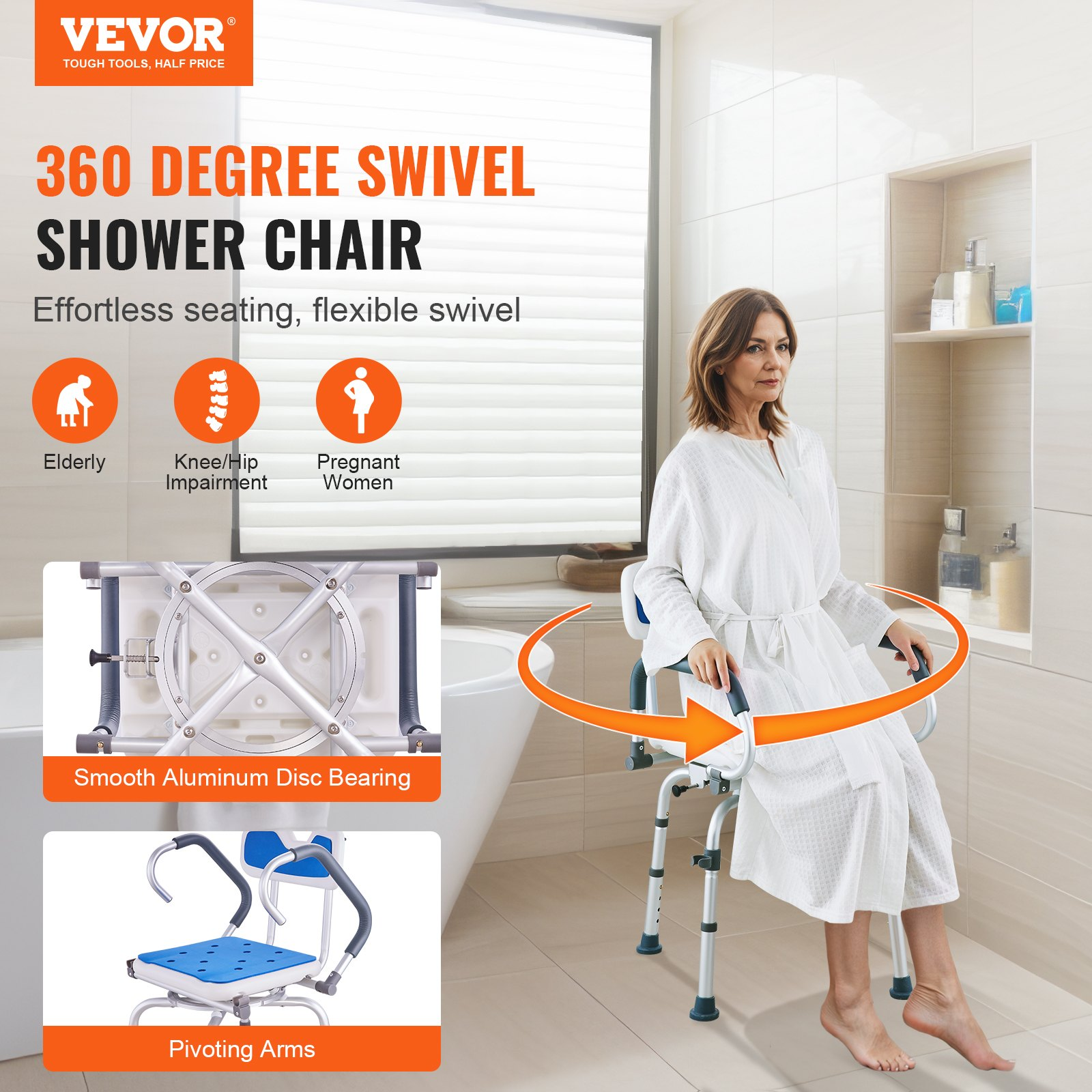 VEVOR Shower Chair 360° Swivel Bathtub Shower Seat with Pivoting Arms 400LBS