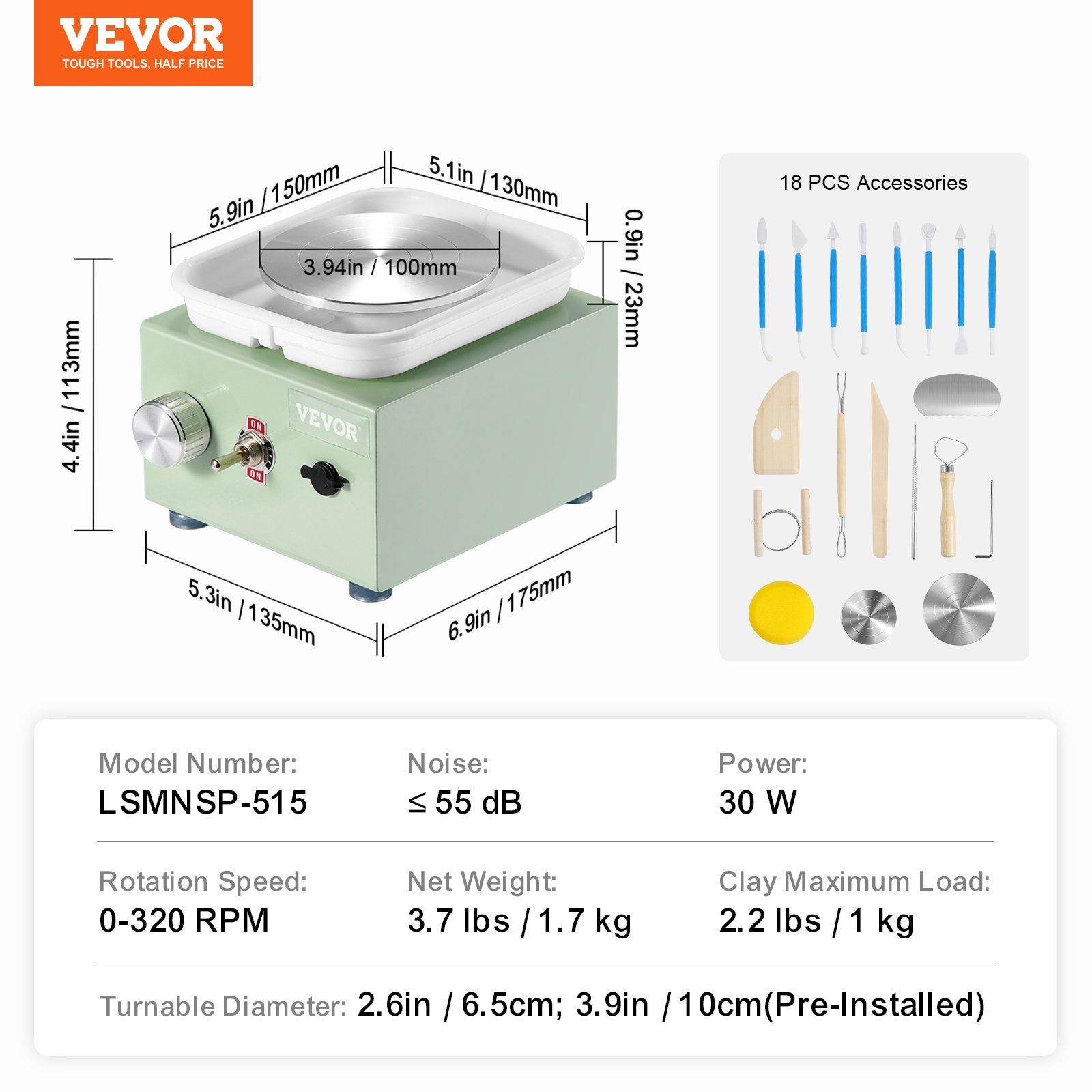 VEVOR Mini Pottery Wheel Electric Ceramic Wheel Machine 0-320RPM Speed Green