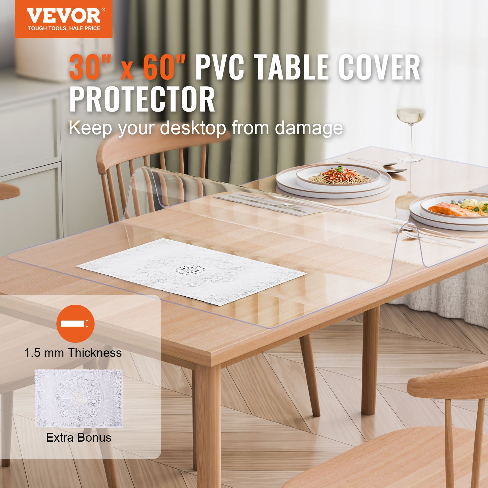 30x60 Inch Clear PVC Table Protector - 1.5mm Thick Transparent Desk Cover