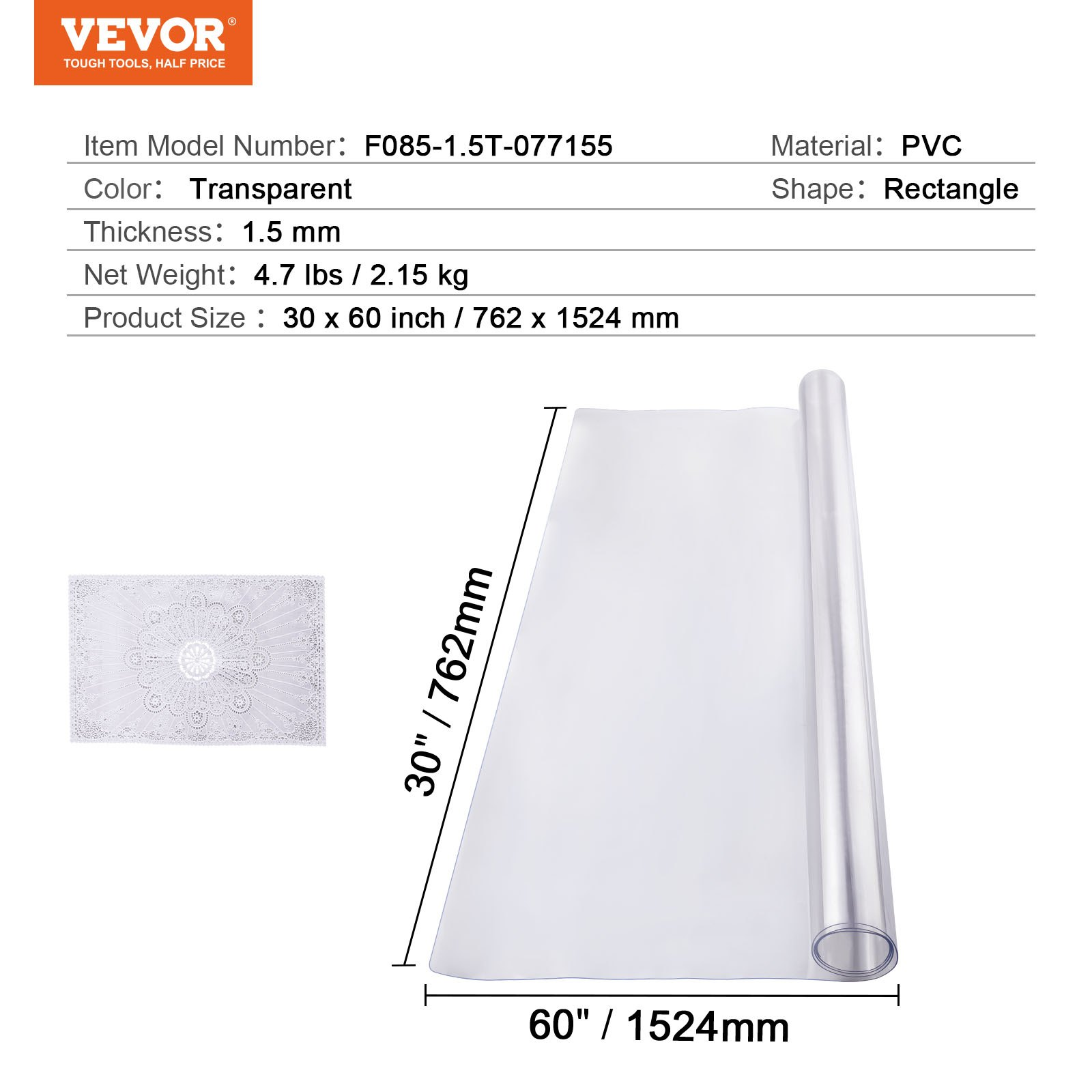 30x60 Inch Clear PVC Table Protector - 1.5mm Thick Transparent Desk Cover