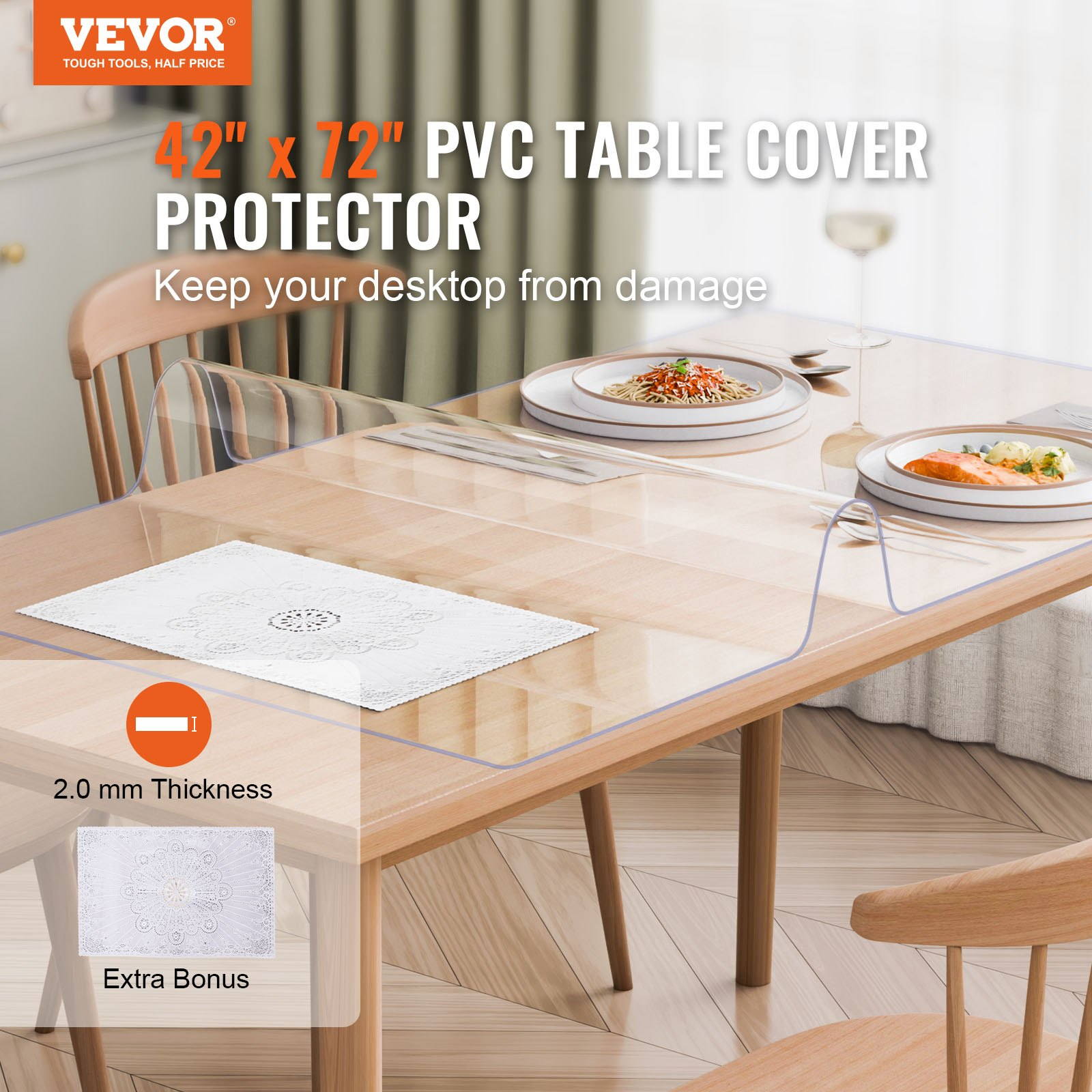 VEVOR PVC Table Protector 42×72 Inch Clear Plastic Desk Protector 2.0mm Thick