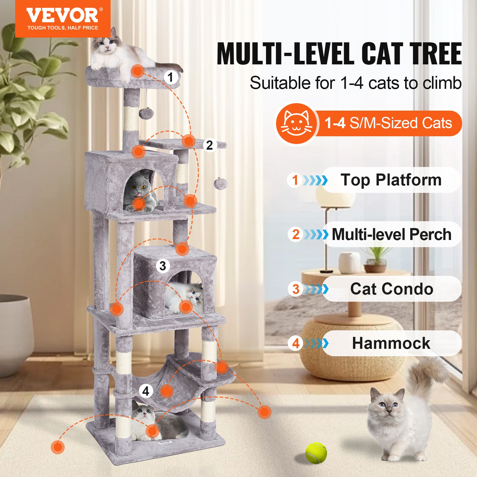 VEVOR 63" Cat Tree Tower w/ Condos, Hammock, Perch & Sisal Scratching Posts