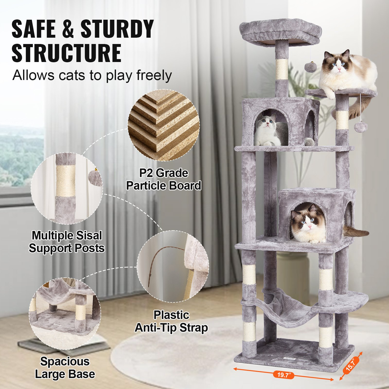 VEVOR 63" Cat Tree Tower w/ Condos, Hammock, Perch & Sisal Scratching Posts