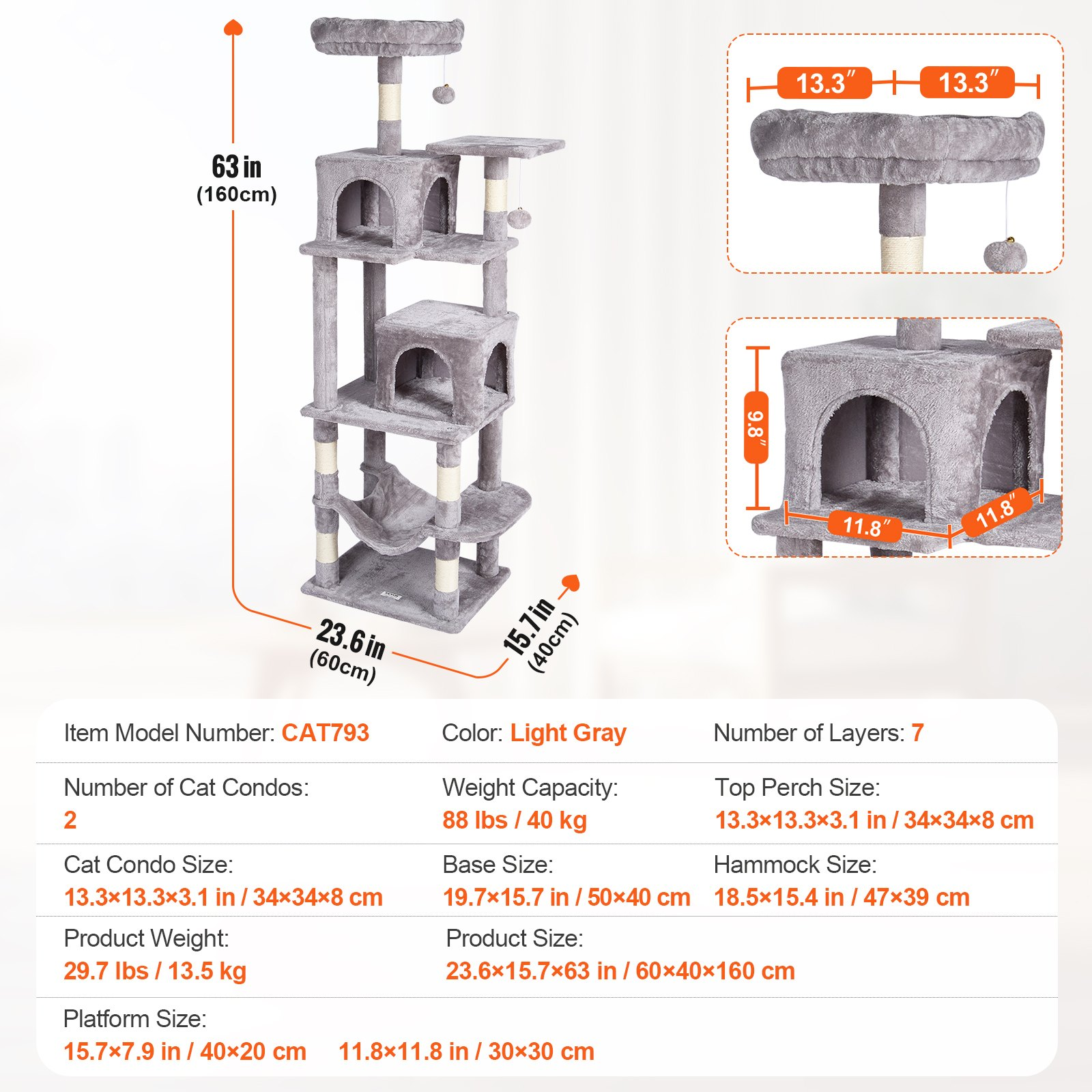 VEVOR 63" Cat Tree Tower w/ Condos, Hammock, Perch & Sisal Scratching Posts