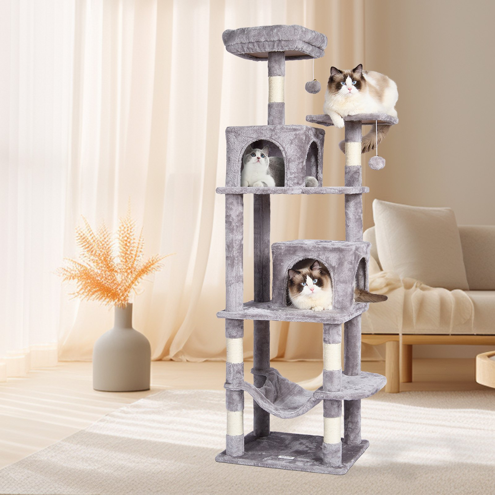 VEVOR 63" Cat Tree Tower w/ Condos, Hammock, Perch & Sisal Scratching Posts