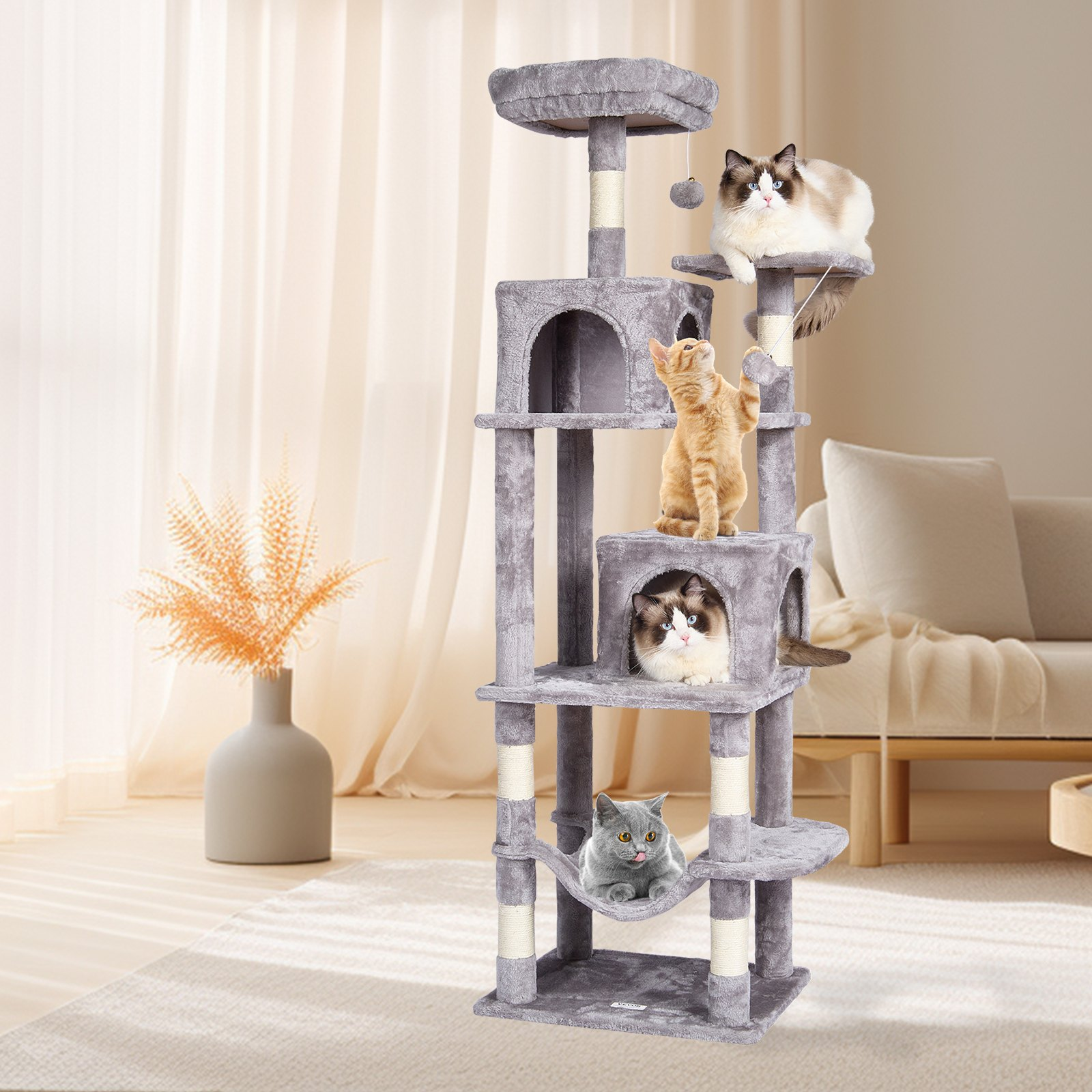 VEVOR 63" Cat Tree Tower w/ Condos, Hammock, Perch & Sisal Scratching Posts
