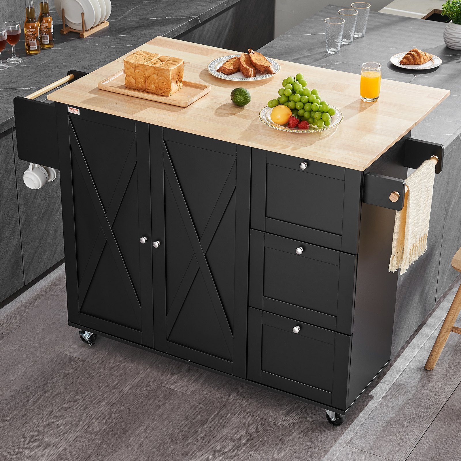 VEVOR Kitchen Island Cart Rolling Storage Cabinet on Wheel with Drawer & Shelves - Picture 7 of 10