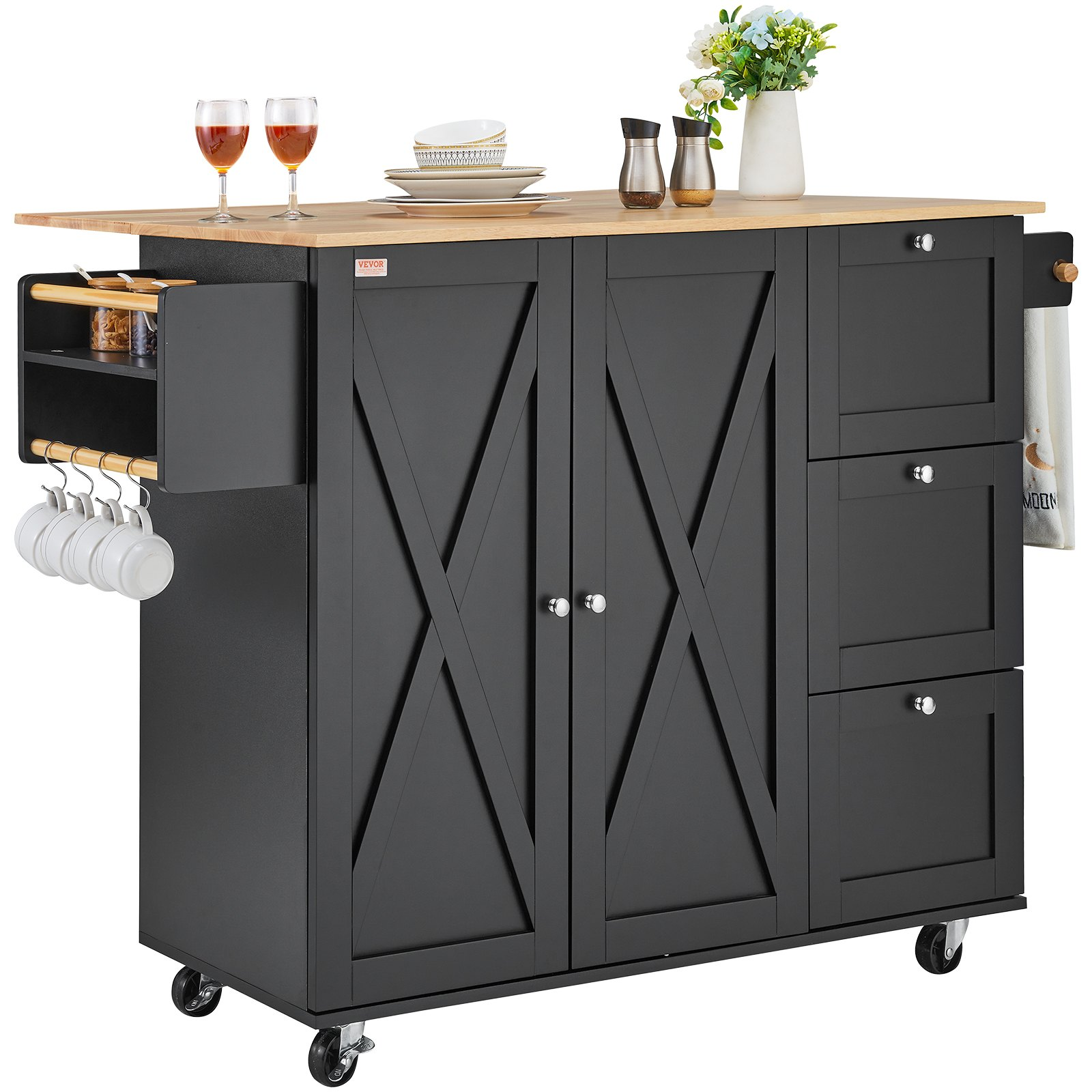 VEVOR Kitchen Island Cart Rolling Storage Cabinet on Wheel with Drawer & Shelves - Picture 8 of 10