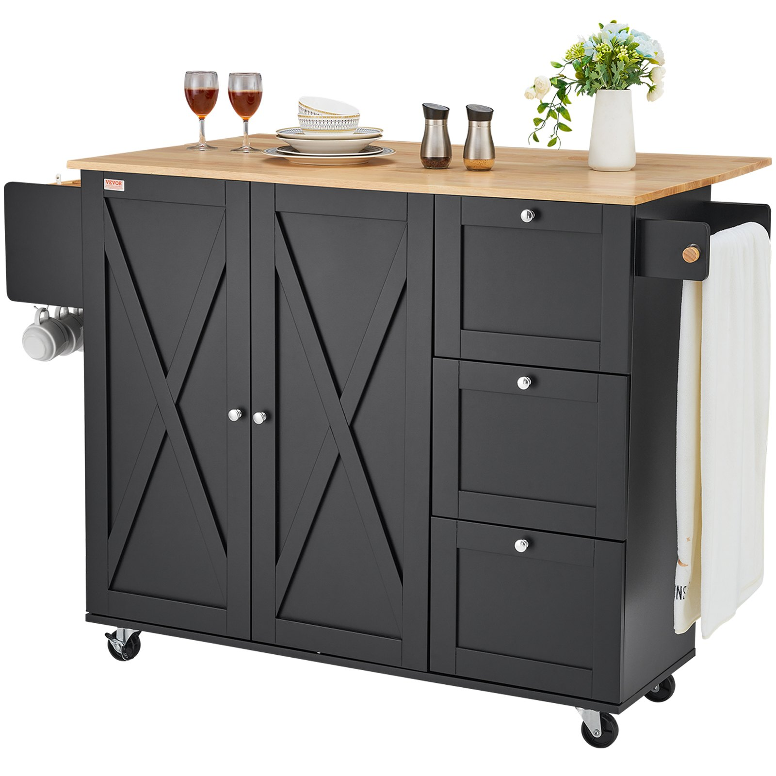 VEVOR Kitchen Island Cart Rolling Storage Cabinet on Wheel with Drawer & Shelves - Picture 9 of 10